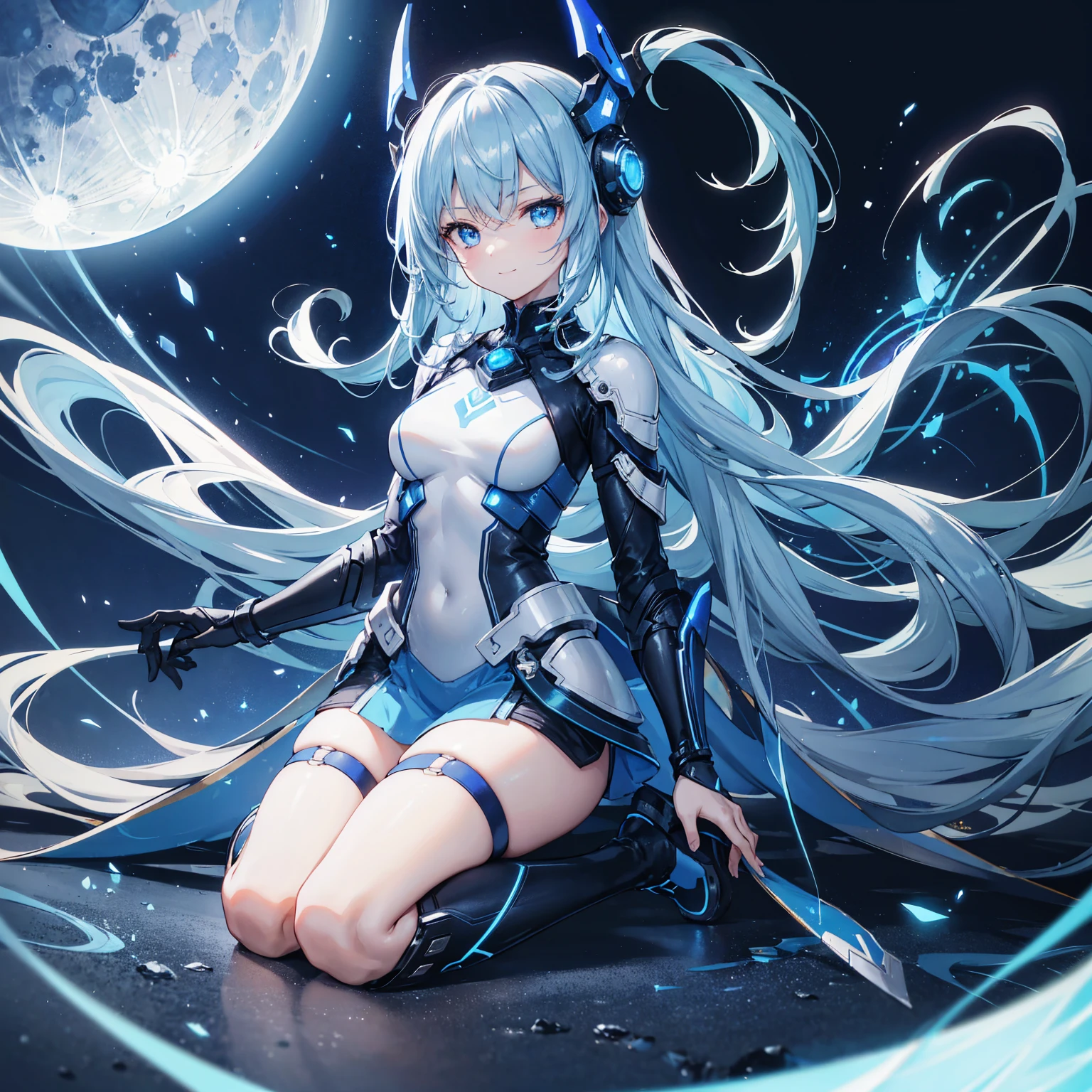 8K, Highest quality, (real:1.4), Original photo, 1 girl, Asari Hair, Biological Amplifier, Very sleek and futuristic armor, posture: Peace talks between warring factions,,attention arousal, smart blue eyes,A modest smile,Knee-high boots,Blue big moon and blue light swirl in the background,Blue light from behind,blue light magic,A small, glowing blue ball in the palm of your hand,Blue flame swirl