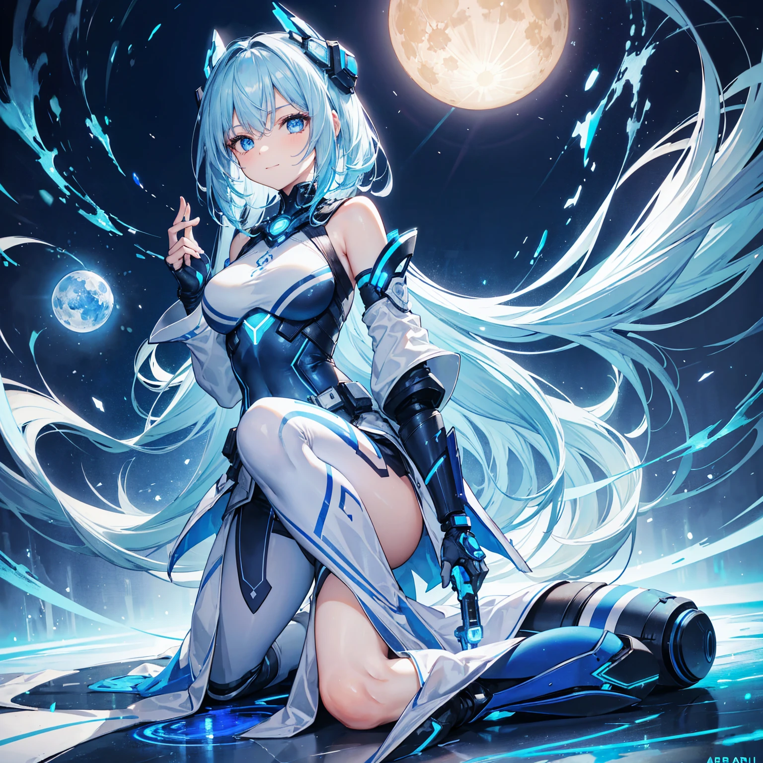 8K, Highest quality, (real:1.4), Original photo, 1 girl, Asari Hair, Biological Amplifier, Very sleek and futuristic armor, posture: Peace talks between warring factions,,attention arousal, smart blue eyes,A modest smile,Knee-high boots,Blue big moon and blue light swirl in the background,Blue light from behind,blue light magic,A small, glowing blue ball in the palm of your hand,Blue flame swirl
