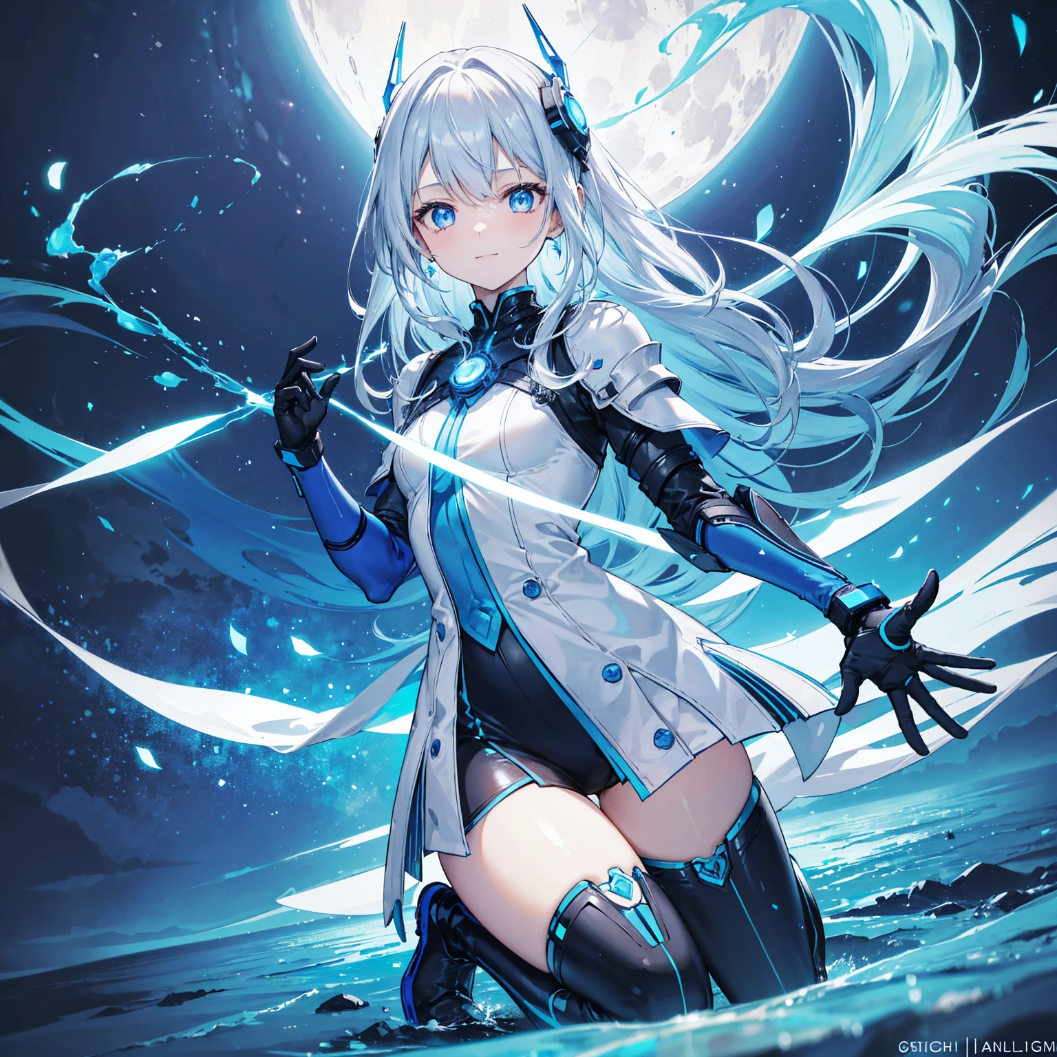 8K, Highest quality, (real:1.4), Original photo, 1 girl, Asari Hair, Biological Amplifier, Very sleek and futuristic armor, posture: Peace talks between warring factions,,attention arousal, smart blue eyes,A modest smile,Knee-high boots,Blue big moon and blue light swirl in the background,Blue light from behind,blue light magic,A small, glowing blue ball in the palm of your hand,Blue flame swirl