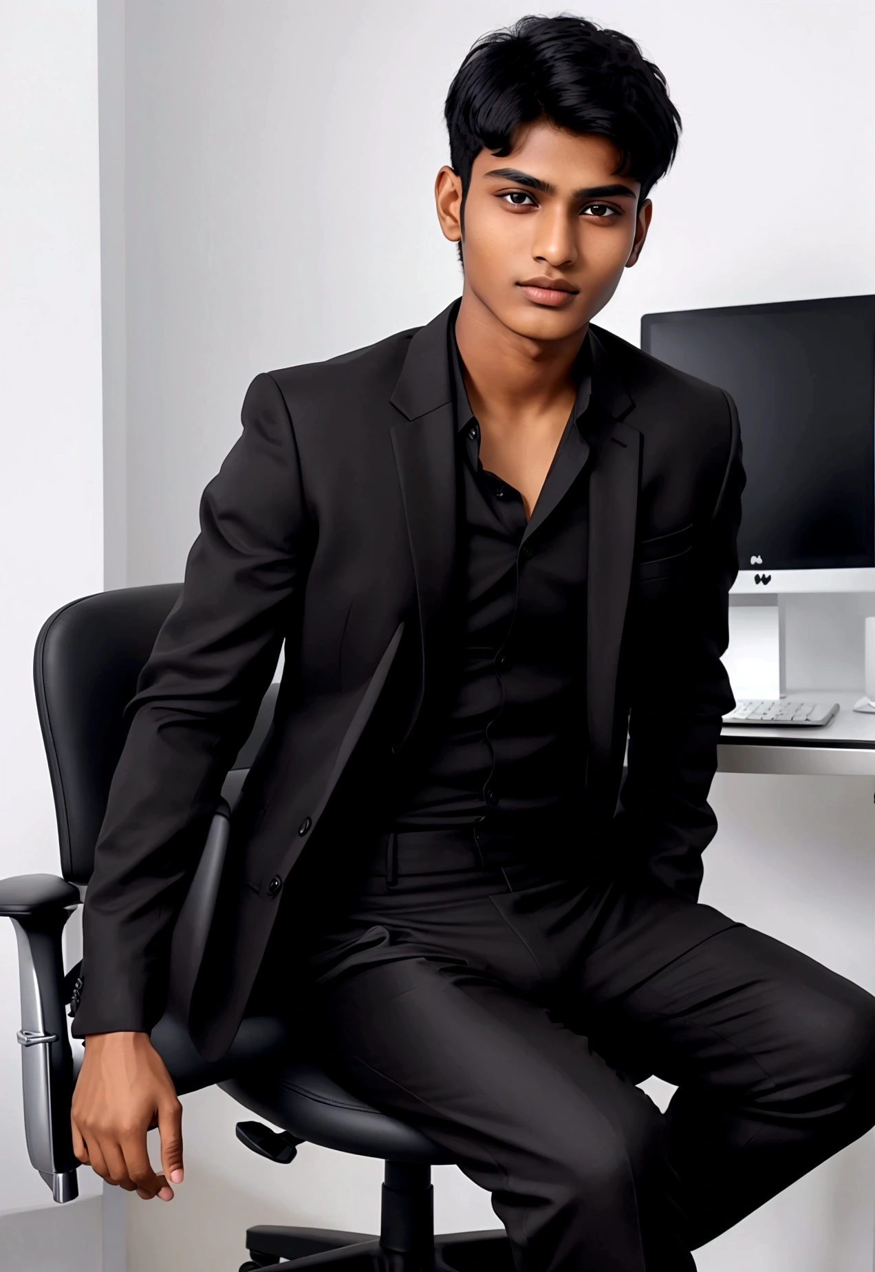 a Indian bihari handsome man, honey skin, short black hair, wearing black suit & pant, sitting on black office chair, image fill, best quality, 1080P, HD, 16k, super detail