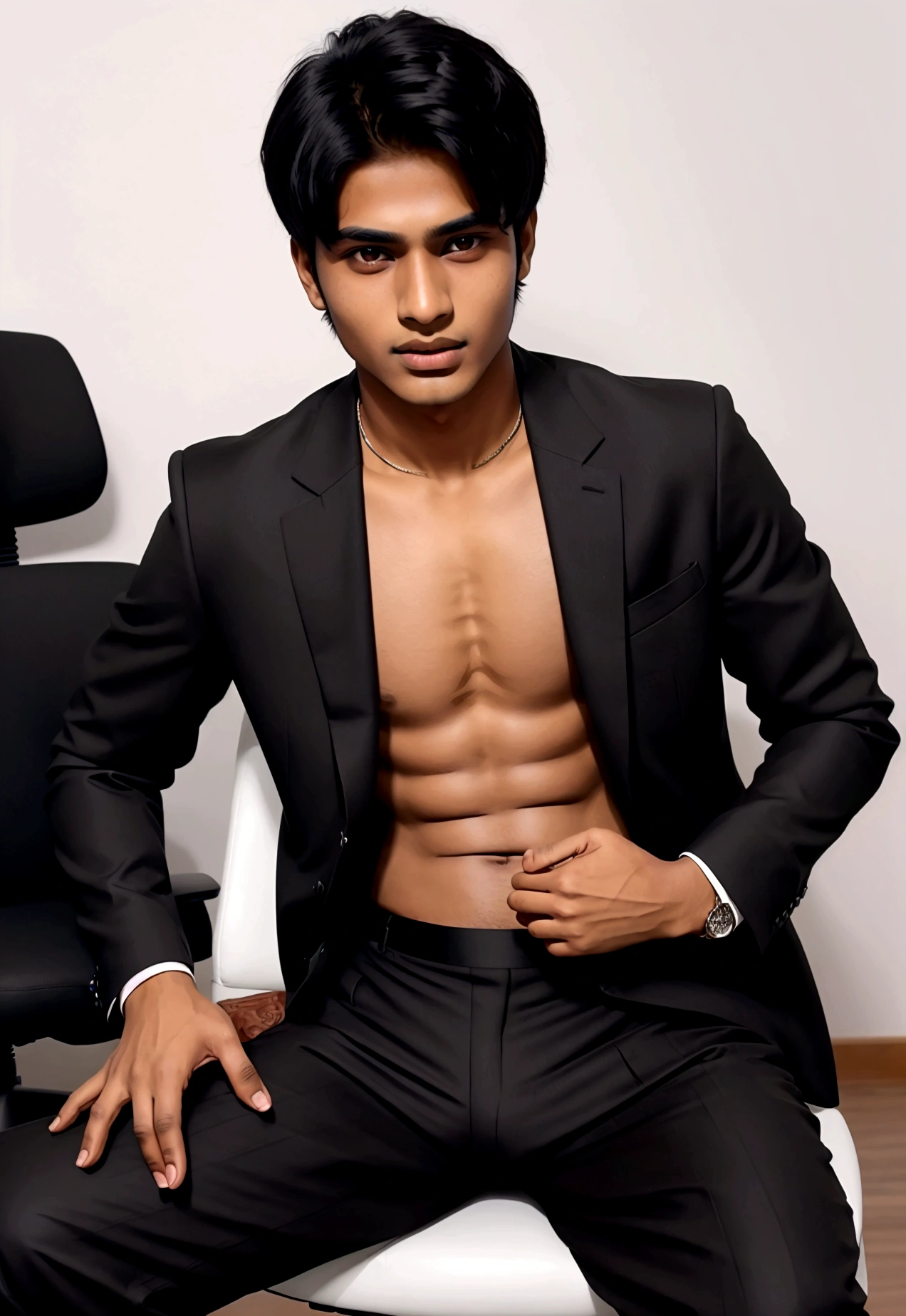 a Indian bihari handsome man, honey skin, short black hair, wearing black suit & pant, sitting on black office chair, image fill, best quality, 1080P, HD, 16k, super detail
