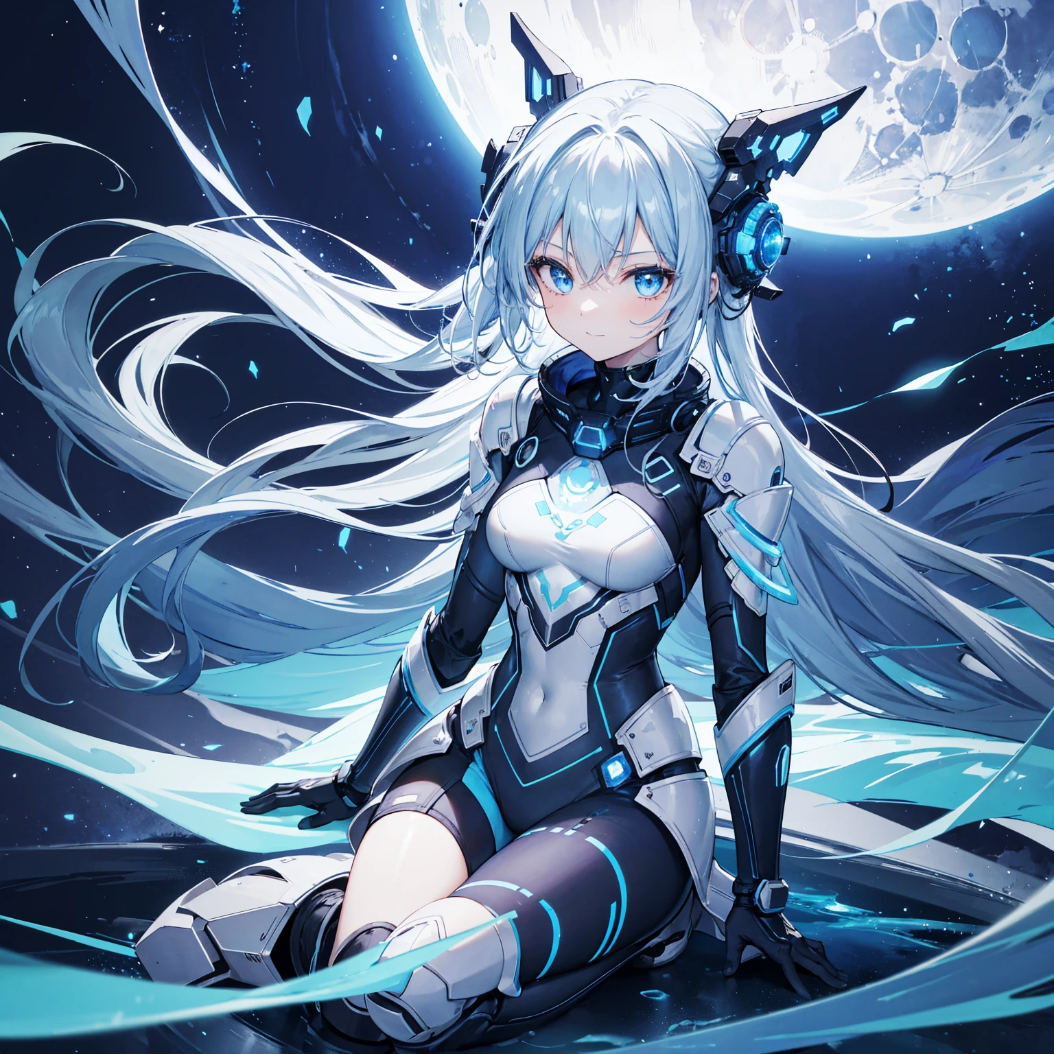 8K, Highest quality, (real:1.4), Original photo, 1 girl, Asari Hair, Biological Amplifier, Very sleek and futuristic armor, posture: Peace talks between warring factions,,attention arousal, smart blue eyes,A modest smile,Knee-high boots,Blue big moon and blue light swirl in the background,Blue light from behind,blue light magic,A small, glowing blue ball in the palm of your hand,Blue flame swirl