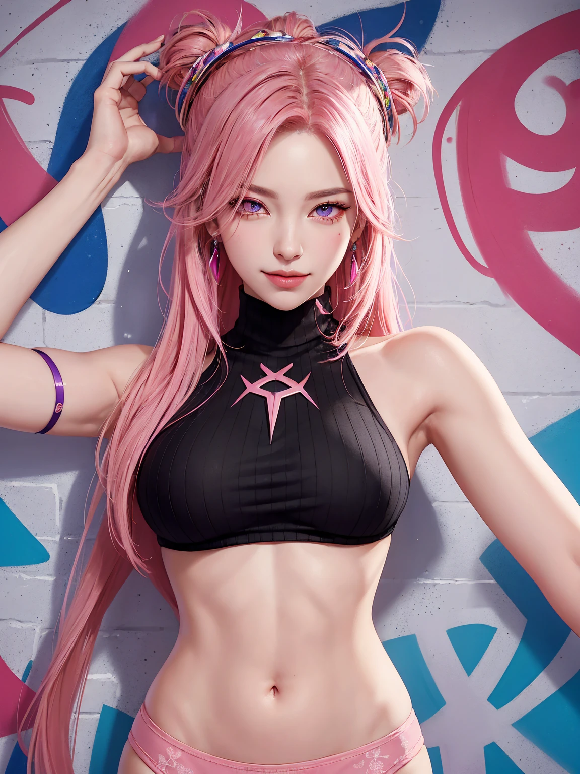 (Masterpiece, best quality, 1 girl, alone, complicated details, Chromatic aberration), realistic, ((Moderate breath)),long hair, pink hair, Red headpiece, Pink Highlights, hair on one eye,purple eyes, earring, sharp eyes, choker, Neon coat, She wears a collar, bangle, and kimono style garters., crop top, (symmetrical eyes),(Perfect symmetrical body),against the wall, Brick wall, (colorful graffiti words on the wall:1.2), The light is dim., alley ,Look at the viewer.、Dig the chest、smile、(sleeveless、Navel touch、Fitted turtleneck.)、street string hot pants、Thin bottom、Please build above the eaves..、Thin shoulders、in underwear、