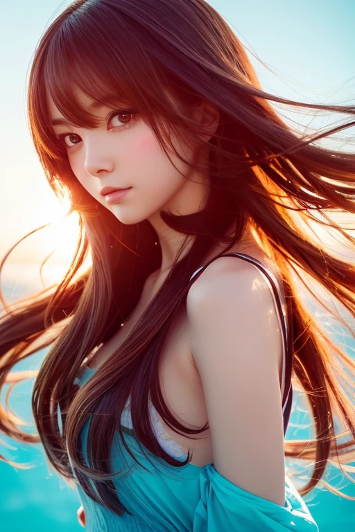 (anime),(cute)(masterpiece), (Highest quality),One girl,Upper Body,(Double exposure:1.2),(Simple Background:1),Bold、clear、bright-Red、shed tears、Cry、Natural、Clear、Turn、 (Movie angle),(Dynamic Angle),Disheveled long hair,(Low contrast),(Flat Color:0.7)