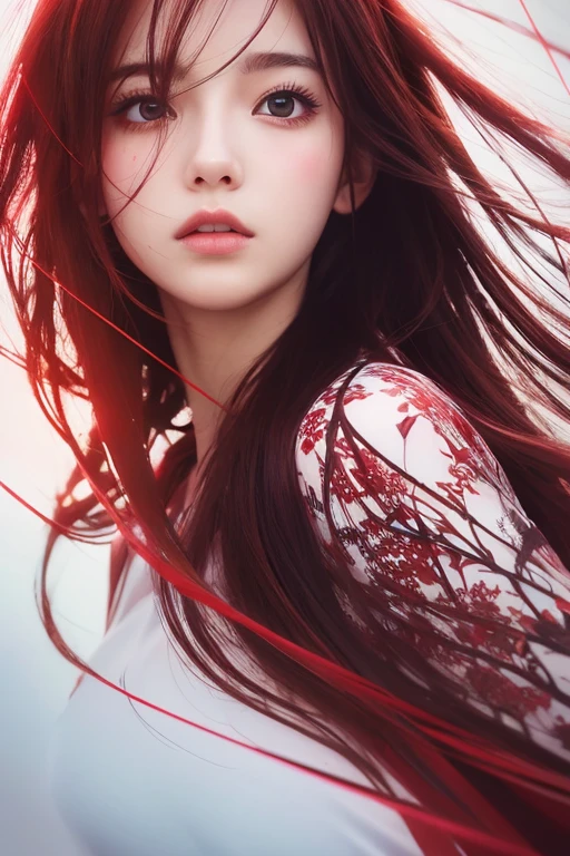 (anime),(cute)(masterpiece), (Highest quality),One girl,Upper Body,(Double exposure:1.2),(Simple Background:1),Bold、clear、red、 (Movie angle),(Dynamic Angle),Disheveled long hair,(Low contrast),(Flat Color:0.7)