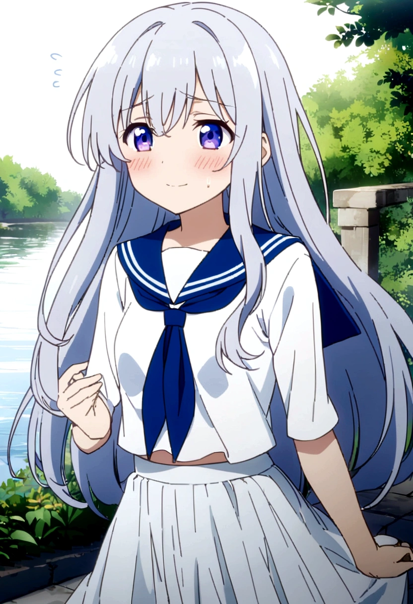 (See-through, Disheveled long hair, Beautiful details,Hair shines,elevation,Blue sailor collar, Firm and small breasts,A light smile,Riverside,Fluttering hem,anime,anime風,See-through,Skirt flipped up,Not wearing,See-through,スカートSee-through,blush,Heartbreaking,No underwear,No bra,Embarrassed,animeの顔,Feed yourself,