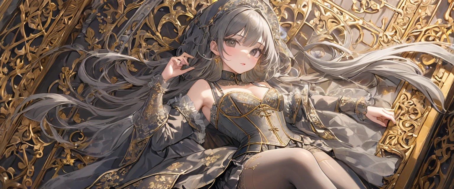 Girls in the Middle Ages、 Gold and silver embroidery、underwear姿、Translucent knee-length drawers(underwear)Wearing、Wearing a semi-transparent corset、 Grey translucent tights
