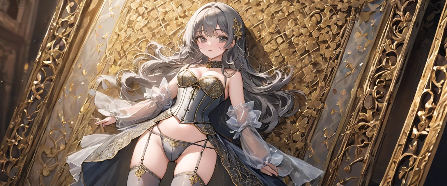 Girls in the Middle Ages、 Gold and silver embroidery、underwear姿、Translucent knee-length drawers(underwear)Wearing、Wearing a semi-transparent corset、 Grey translucent tights