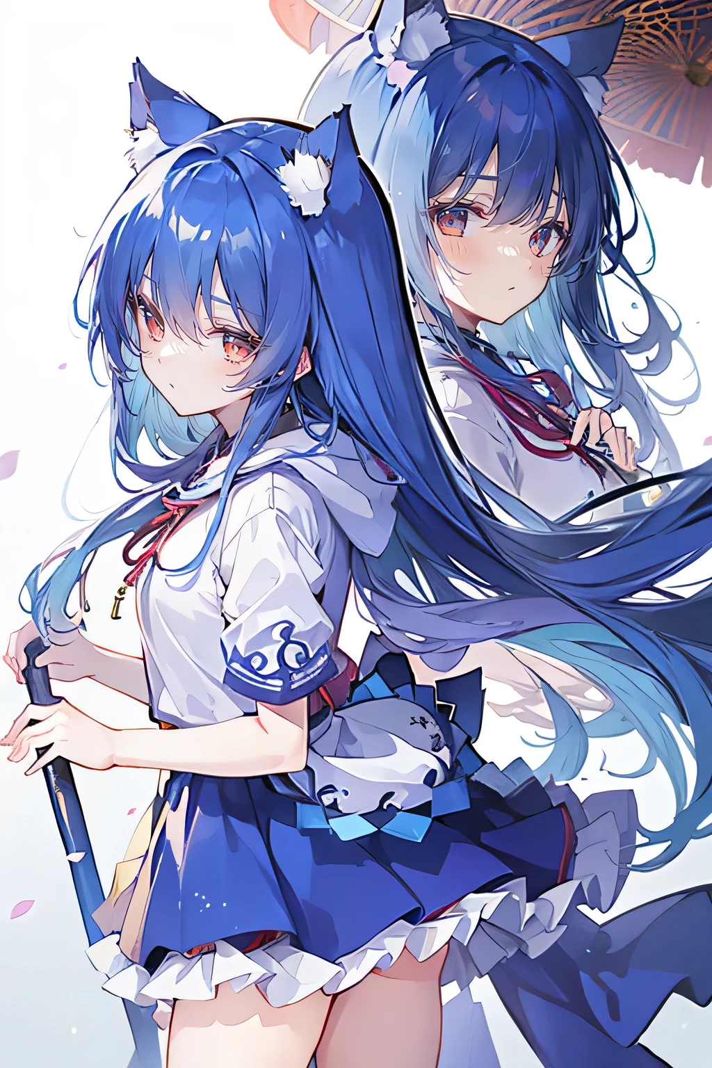(masterpiece:1.2),Super detailed,lifelike,Expressive eyes,fair skin,perfect face shape,1 girl,
Japanese comics,Gorgeous blue hair,flowing blue hair,flowing clothes,Cat ears,Petals fall,beautiful lola,Baby Angel,
Shaking head with one hand,Cross your legs,Gentle and peaceful background,The pavilion is cool and comfortable,smile, wearing hoodie, background of tokyo,back views,snowing, winter.