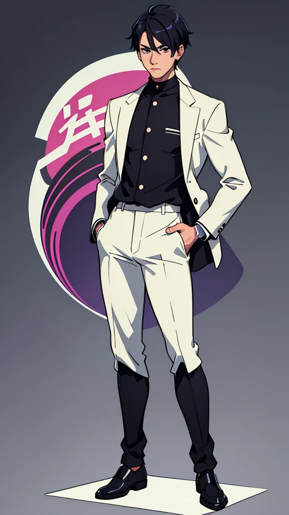 anime, anime style art, masterpiece, best quality, highres, 1 man, Baro Shoei blue lock, scool uniform, natural clothing, black hair, short hair, teenager, colorful hair, light background, full body, teenager, colorful parts, bold, realistic mixing dark lines and loose lines, bold lines, on paper, human man, purple eyes, full body, imposing pose, very tall, stylish outfit, dark theme, standing, male, sharp chin, wide jaw, white background, defined eyes, ultra detail eyes, very muscular ,broad shoulders, big shoulders, black white uniform, front view, standing straight, facing towards, looking straight, looking forward, full face, clean eyes, detailed eyes, hyper realistic eyes, masculine, oval face, calm, humble, man, male, masculine, full body uniform, clear face, detailed face, full body, focused on body, facing forward, looking forward at camera, looking straight