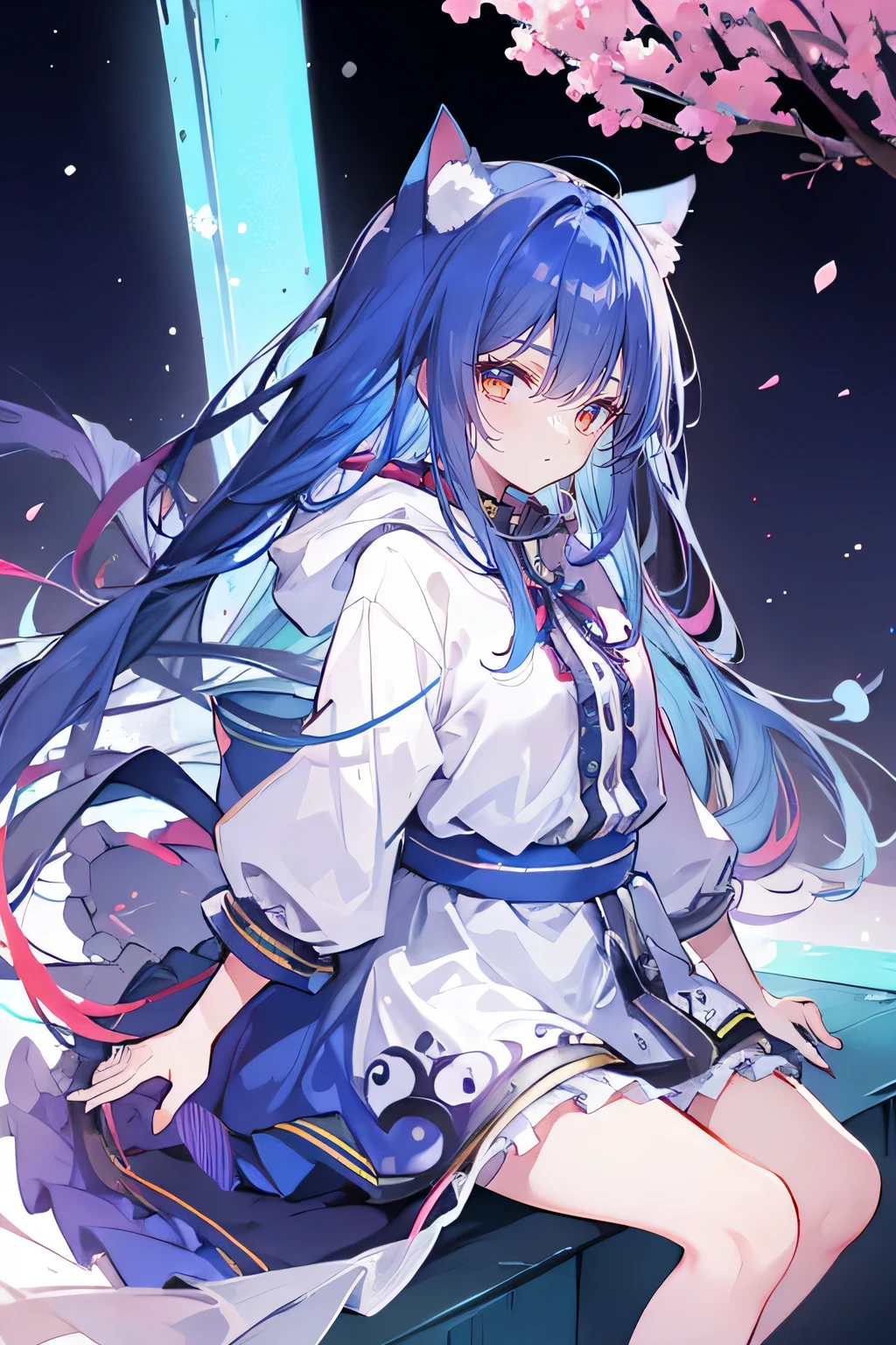 (masterpiece:1.2),Super detailed,lifelike,Expressive eyes,fair skin,perfect face shape,1 girl,
Japanese comics,Gorgeous blue hair,flowing blue hair,flowing clothes,Cat ears,Petals fall,beautiful lola,Baby Angel,
Shaking head with one hand,Cross your legs,Gentle and peaceful background,The pavilion is cool and comfortable,smile, wearing hoodie, background of tokyo,back views,snowing, winter.