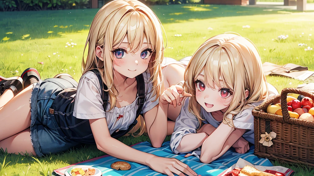 pretty girl, (Kid 1.3), cute, happy, blonde hair, Two-pronged, red eyes, gentle looking eyes, summer, picnic, park