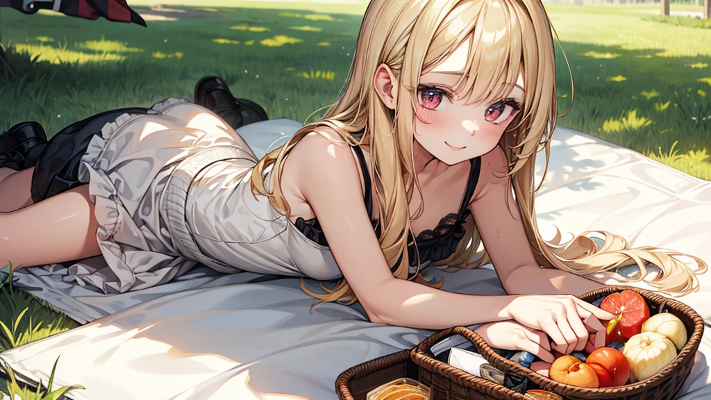 pretty girl, ( 1.3), cute, happy, blonde hair, Two-pronged, red eyes, gentle looking eyes, summer, picnic, park