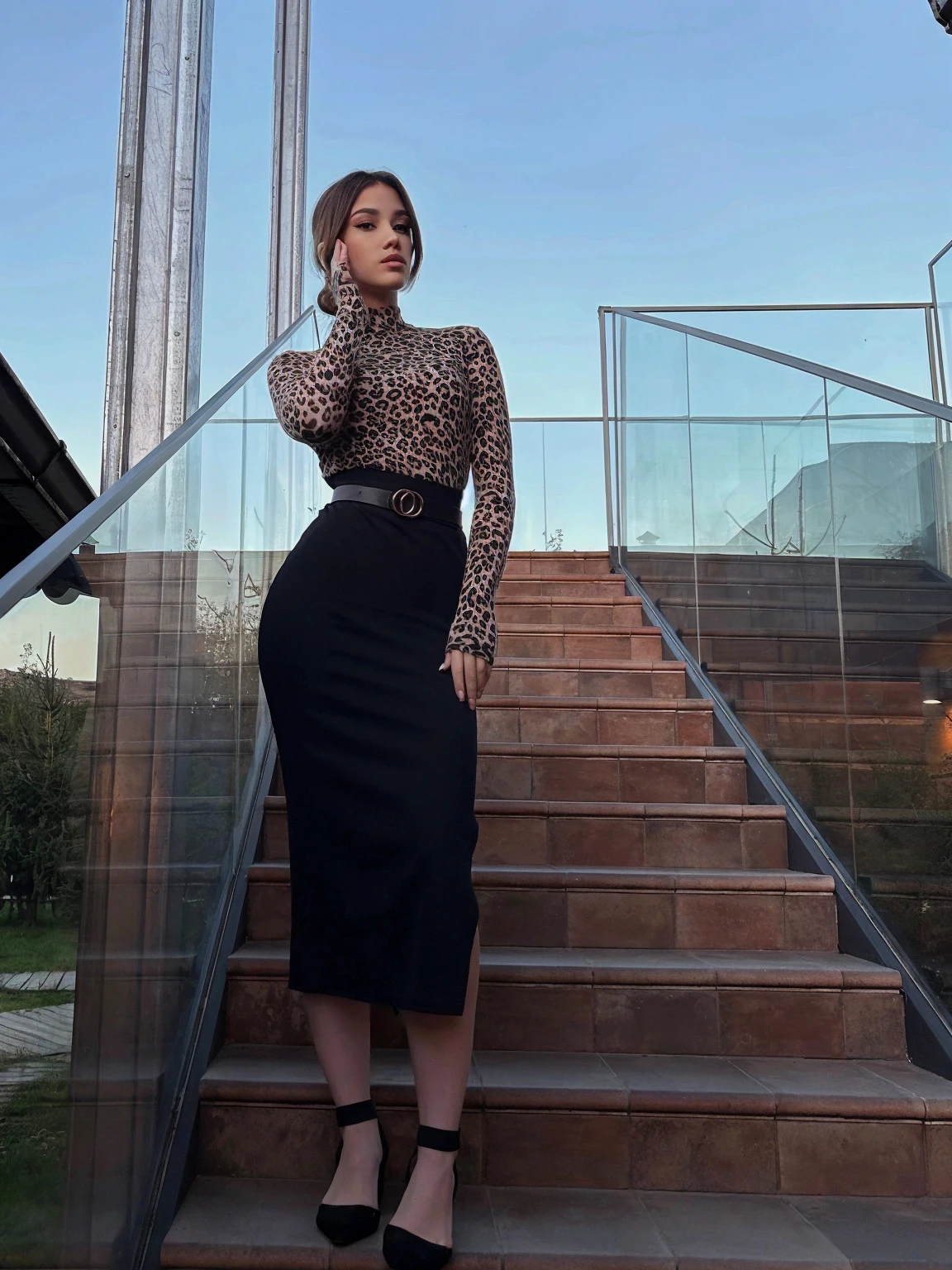A woman is standing on the stairs and talking on the phone, Full length view, Full length shot, author:Arthur Sarkissian, Total length shot, woman, Visible throughout the body, Total length, Full body view, author:Emma Andijewska, High waist black skirt, Full pose, Full body wide angle lens, Perfect balance