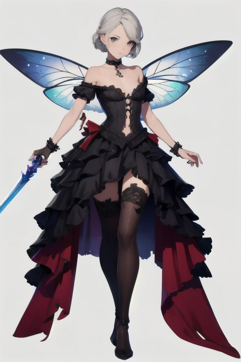 ((best quality)), ((masterpiece)), (detailed), 1girl, Character design, female, dynamic poses, long white grey hair, grey white eyes, very skinny, detailed, best quality, no accesoires around the neck, no shoes, prominent collarbones, skinny arms, flat stomach, visible hip bones, full body, blank white background, plain background, white background, red and white clothing, Bloodborne inspired, occult aesthetic, occult, detailed and intricate steampunk and detailed gothic, NSFW, Very dramatic and cinematic lighting, cosmic horror, grim-dark, side-lighting, perfect face, NSFW, Fluttering lace flared long knee length dress with frilly petticoats, knee length dress, pleated petticoats, petticoats gothic, complex lace boots, side-lighting, gothic aesthetic, wielding a mighty sword with mechanical components, mandalas, small breasts, a fairy, various different types of insect wings, NSFW, full body, whole body, body, plain background, white background, blank background, no background, white background NSFW, chains, full body, whole body, head-to-toe NSFW