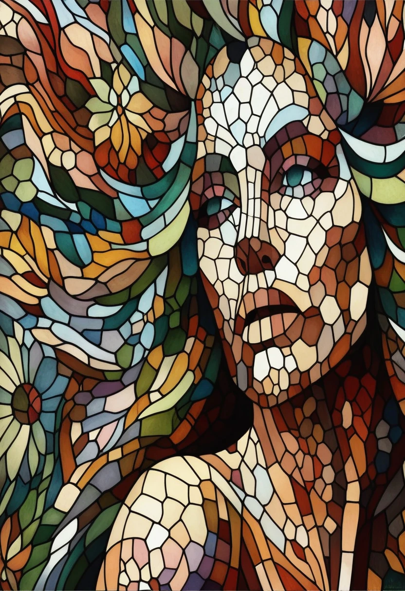 Close-up of a mosaic of a woman with flowers in her hair, Stained Glass Art, detailed digital artwork, maxim verehin stained glass, beautiful art uhd 4 k, detailed digital art, ultra-detailed digital art, Digital Complex Art, intricate digital artwork, great digital art with details, highly detailed digital artwork, Detailed art of color, Stained glass style