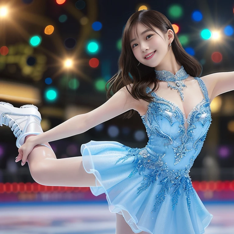 Photo-realistic quality、A 20-year-old idol woman wearing a sheer light gray-blue dress skating on an ice rink, Ice Princess, Beautiful Japanese Model, Elegant girl, Detailed and beautiful eyes、Cute smile、A soft and gentle look、Wearing white skates