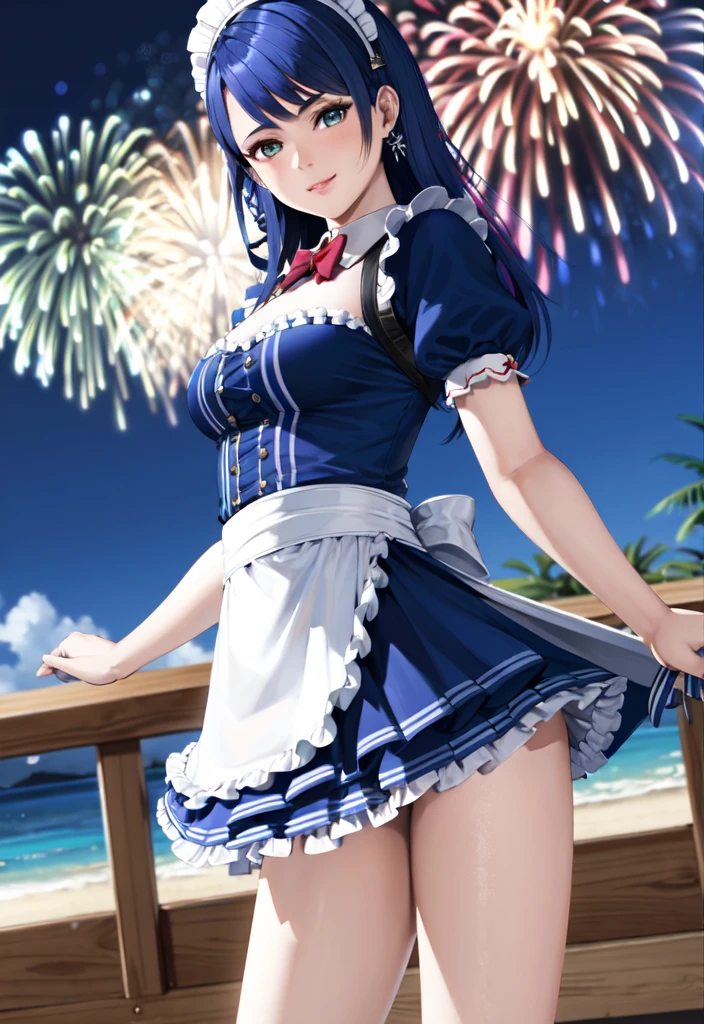 lobelia, 1girl, maid outfit, look at the view, Balconies, fireworks, high quality, masterpiece