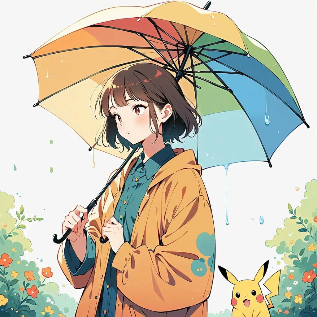 ((anime:1.4,illustration)),(masterpiece, top quality, best quality),(ultra-detailed, absolutely resolution),((16k, high res)), (((Pikachu holding an umbrella in the rain, a rainbow is out, the sky is half sunny and half rainy)) ((cozy lofi illustration:1.4)), ((anime:1.4, illustration)),(masterpiece, top quality, best quality),(ultra-detailed, absolutely resolution),((16k, high res))