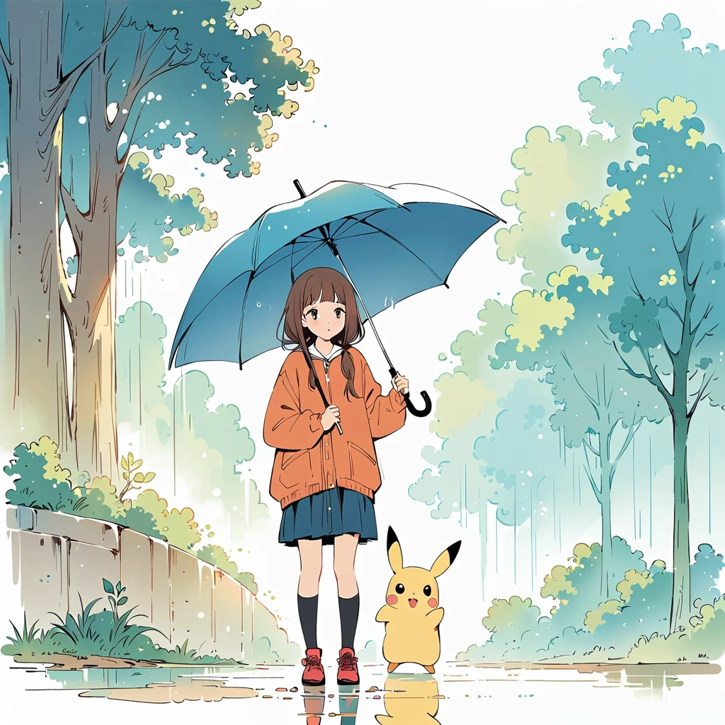 ((anime:1.4,illustration)),(masterpiece, top quality, best quality),(ultra-detailed, absolutely resolution),((16k, high res)), (((Pikachu holding an umbrella in the rain, a rainbow is out, the sky is half sunny and half rainy)) ((cozy lofi illustration:1.4)), ((anime:1.4, illustration)),(masterpiece, top quality, best quality),(ultra-detailed, absolutely resolution),((16k, high res))