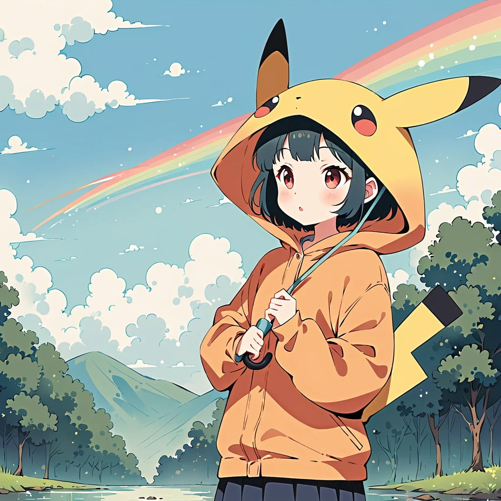 ((anime:1.4,illustration)),(masterpiece, top quality, best quality),(ultra-detailed, absolutely resolution),((16k, high res)), (((Pikachu holding an umbrella in the rain, a rainbow is out, the sky is half sunny and half rainy)) ((cozy lofi illustration:1.4)), ((anime:1.4, illustration)),(masterpiece, top quality, best quality),(ultra-detailed, absolutely resolution),((16k, high res))