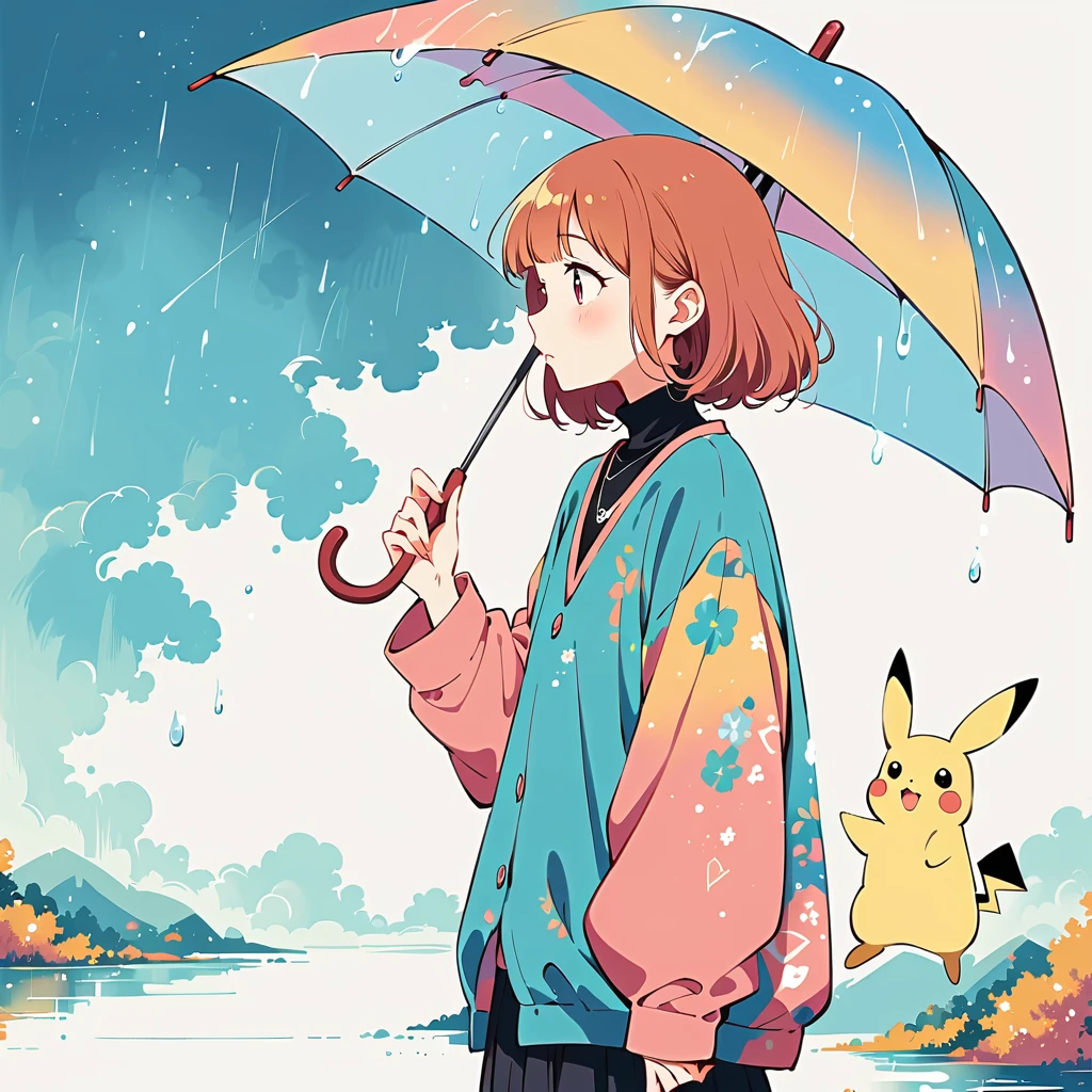 ((anime:1.4,illustration)),(masterpiece, top quality, best quality),(ultra-detailed, absolutely resolution),((16k, high res)), (((Pikachu holding an umbrella in the rain, a rainbow is out, the sky is half sunny and half rainy)) ((cozy lofi illustration:1.4)), ((anime:1.4, illustration)),(masterpiece, top quality, best quality),(ultra-detailed, absolutely resolution),((16k, high res))