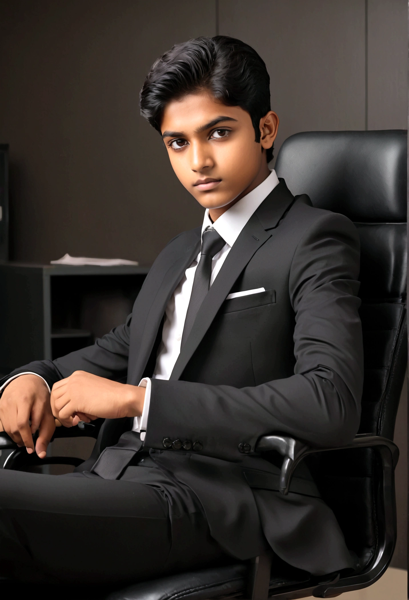 a 17 years old Indian bihari man, honey skin, short black hair, wearing black suit & pant, sitting on black office chair, image fill, best quality, 1080P, HD, 16k, super detail