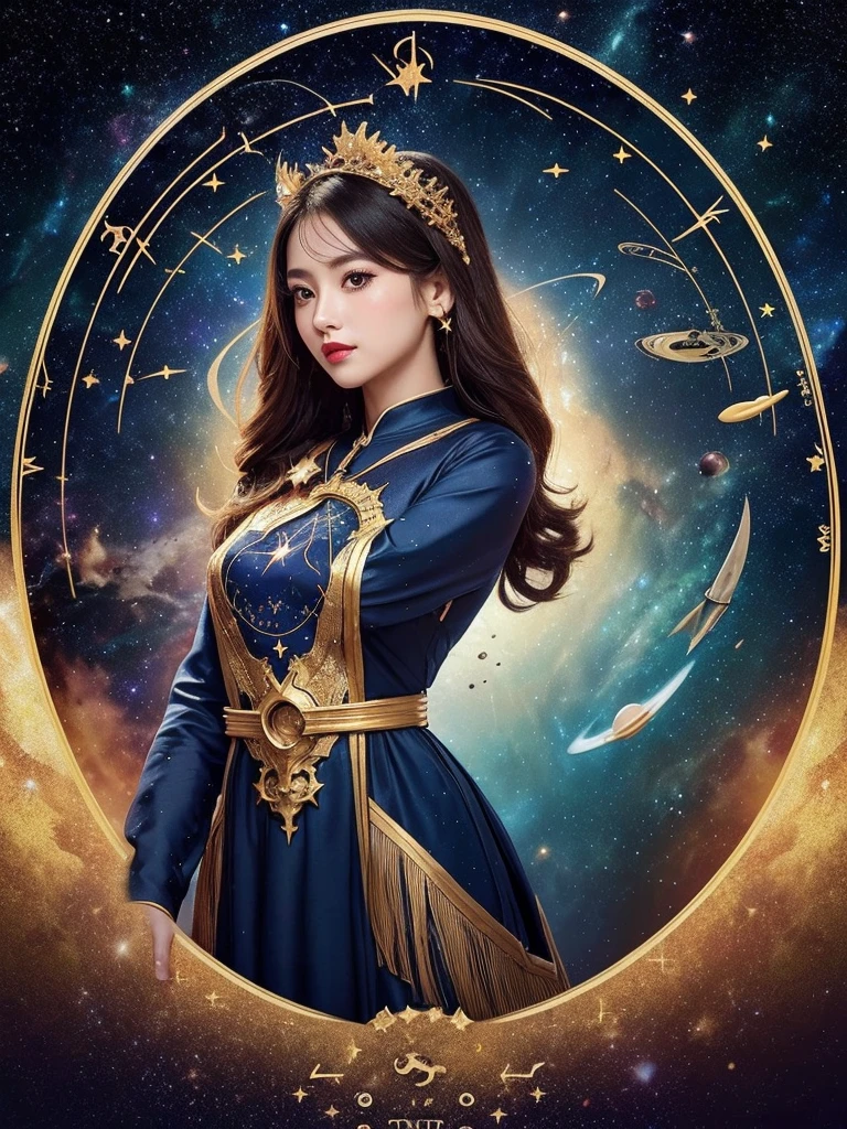 One Zodiac Goddess from the Future, Zodiac goddess wearing ao dai to hide her chest, The Zodiac Goddess wears a bright yellow gold vest, 女神は明るいピンク紫色のconstellationのオーラを放っている, 星は12constellationの形をしています, Zodiac goddess wearing a golden zodiac ao dai with many black details, 未来から来た12constellationの神話の女神, constellation ♏, Zodiac Style, Dark and mysterious version, ample , Red lips are well-balanced and very beautiful, Characters by Karol Baque and Pino Daeni, Intricate details, Detailed Background, Many objects in the background, Very detailed, Magic lighting, woman, A clearly drawn face, Beautiful face and symmetrical eyes, Big round eyes and very beautiful and detailed makeup, distant focus, Silk clothing, Mysterious decoration, Upper body portrait, Arms loosen, Realistic and vivid photos, (The stars that make up the zodiac: 1.7), (Zodiac sky background and fantasy portal of space and time: 1.8 ), Fiction Art, RAW images, style fantasy hanfu, Long sleeves that cover both hands, Two outstretched arms,