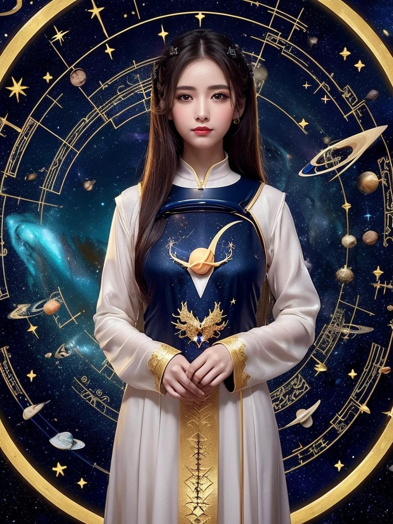 One Zodiac Goddess from the Future, Zodiac goddess wearing ao dai to hide her chest, The Zodiac Goddess wears a bright yellow gold vest, 女神は明るいピンク紫色のconstellationのオーラを放っている, 星は12constellationの形をしています, Zodiac goddess wearing a golden zodiac ao dai with many black details, 未来から来た12constellationの神話の女神, constellation ♏, Zodiac Style, Dark and mysterious version, ample , Red lips are well-balanced and very beautiful, Characters by Karol Baque and Pino Daeni, Intricate details, Detailed Background, Many objects in the background, Very detailed, Magic lighting, woman, A clearly drawn face, Beautiful face and symmetrical eyes, Big round eyes and very beautiful and detailed makeup, distant focus, Silk clothing, Mysterious decoration, Upper body portrait, Arms loosen, Realistic and vivid photos, (The stars that make up the zodiac: 1.7), (Zodiac sky background and fantasy portal of space and time: 1.8 ), Fiction Art, RAW images, style fantasy hanfu, Long sleeves that cover both hands, Two outstretched arms,