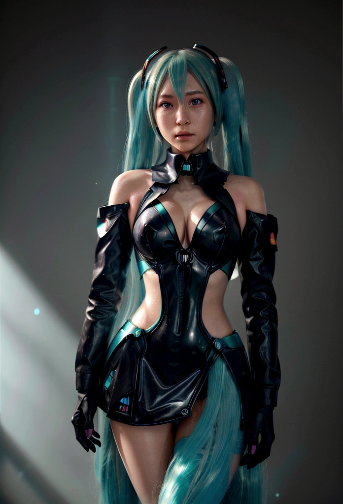 (((Hatsune Miku))), Hyperrealistic portrait, fantasy art, photorealistic, dynamic lighting, poster, bokeh, volumetric lighting, Very detailed face, 8K, Awards, A girl, 25 year old woman, deep shadow, Modesto, Long two-tailed ponytail, light tosca hair and eye color (((intense colours))), big breasts, round breasts, collar , whole body, wet skin, Very detailed faceと肌の質感, fine wheat, realistic eyes, 美しいfine wheat, (realistic skin), Perfect legs, perfect waist, perfect feet, (((futuristic dress Hatsune Miku 1:1))), dynamic pose