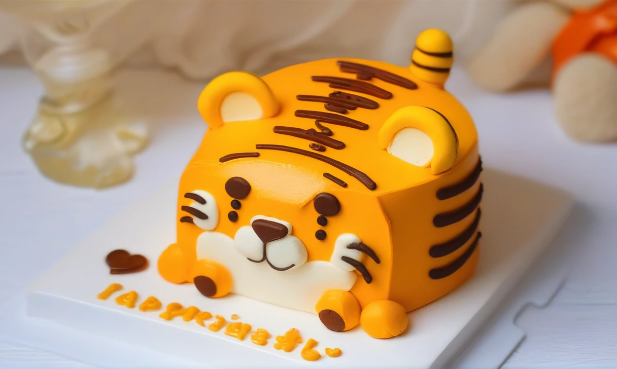 Gourmet Food Photography 1 Tier Cake CD_The XL, shaped like a tiger chibi, was placed on the table.,Simple Background,Fine art,detailed,indoor,Twelve Zodiac Signs,Tilt Shift,Miniature,Cute and adorable,still life,from the front,View your viewers,No humans . Soft natural light,マクロのdetailed,Vibrant colors,Fresh ingredients,Shiny texture,Bokeh Background,Style plating,Wooden table top,Decoration,Fascinating,Editorial Quality,8K,High resolution,超High resolution,masterpiece,Highest quality,highly detailed,High resolution,細かくdetailedに,extremely detailed,ultra detailed,wallpaper