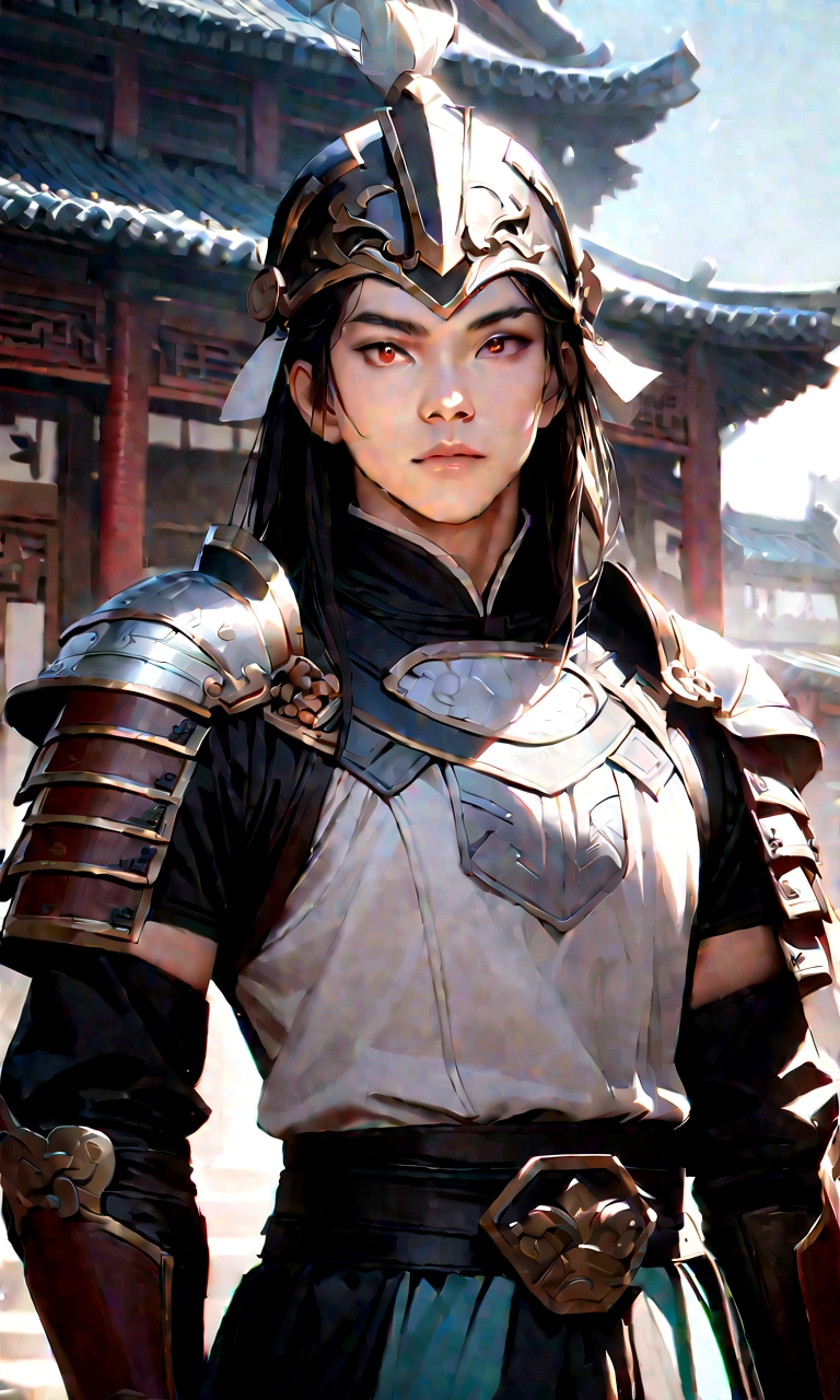 25 year old Chinese man,middle aged man,realistic,chinese_Armor,alone,Background of ancient chinese cities,detailed_eye,shoulder_Armor,helmet,(검은 eye),looking at viewer,(masterpiece:1.2), (best quality:1.2), perfect eye, perfect face, perfect lighting, (8K),(complete anatomy), Nee Shot