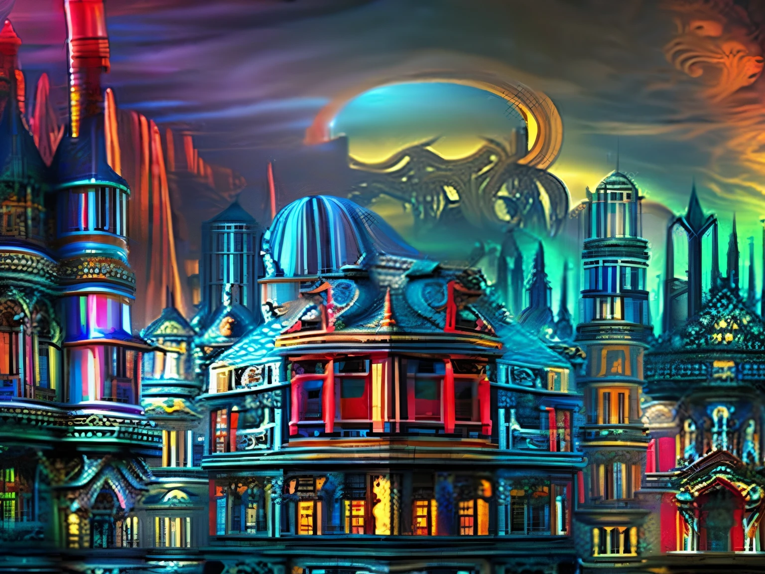 Surreal Cityscape with Colorful Fractal, Creepy fractal shapes, stone buildings, horror, dark space,cthulhu style