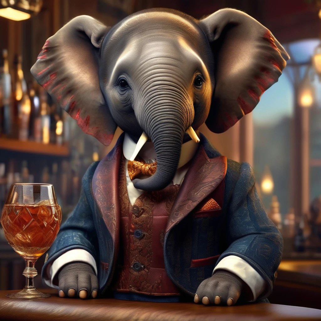 a baby elephant bartender wearing a bowtie and waistcoat, holding a water glass, detailed portrait, highly detailed facial features, realistic fur textures, detailed hands and fingers, ornate bar interior with bottles and glasses, studio lighting, cinematic composition, photorealistic, 8k, masterpiece
