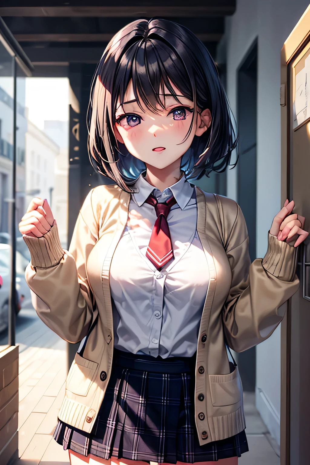 (Very detailed CG Unity 8K wallpaper),(masterpiece), (Highest quality), (Very detailed), (Best illustrations),(Best Shadow), Large Breasts,,Purple eyes and purple very short hair,,White blouse,Blue tie,Checked mini skirt,beige cardigan,I can see the vibe