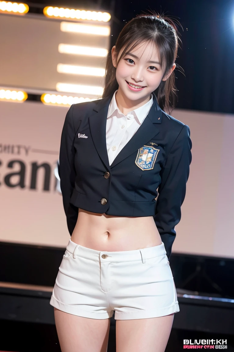 (8k), (highest quality: 1.2), (Realistic), (Realistic: 1.37), Ultra-high resolution, 1 girl, cute, (Embarrassed smile:1.2), (Blushing:1.4),Mouth closed, Beautiful details, Beautiful Nose, black straight Hair, Giant Dulcefo, pork, Thighs,Navel exposed,University Student Uniform,A simple blazer,(white tiny hot pants:1.2),Dancing on the school stage,(Shiny legs:1.4),Medium Shot