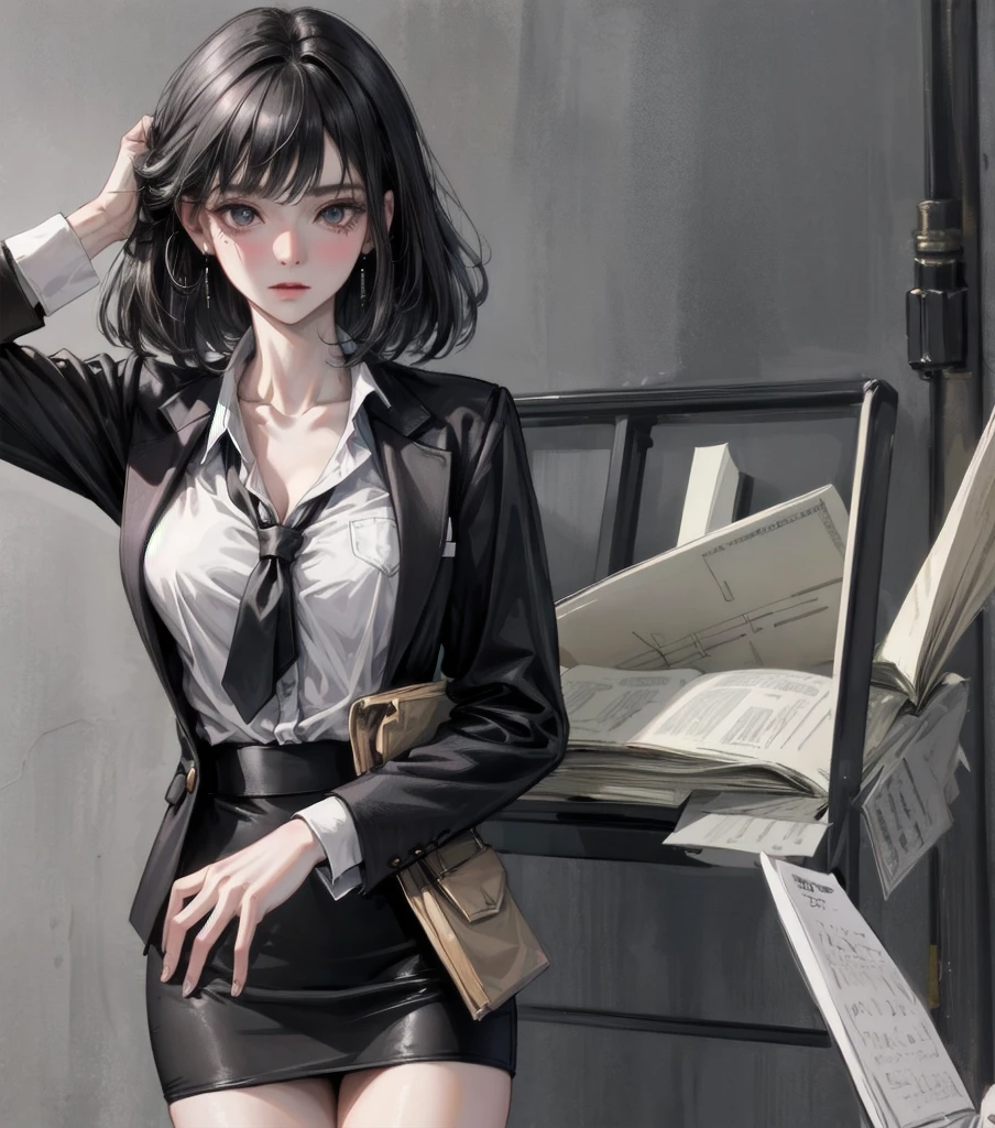RAW photo, extremely delicate and beautiful, masterpiece, Best Quality, ultra high resolution, 16k, photorealistic, ultra detailed description, pale skin, in her 20s, whole body, medium tits, medium hair, black hair, tearful mole, earring, business suit, blazer, pencil skirt, collarbone, shirt, tie,