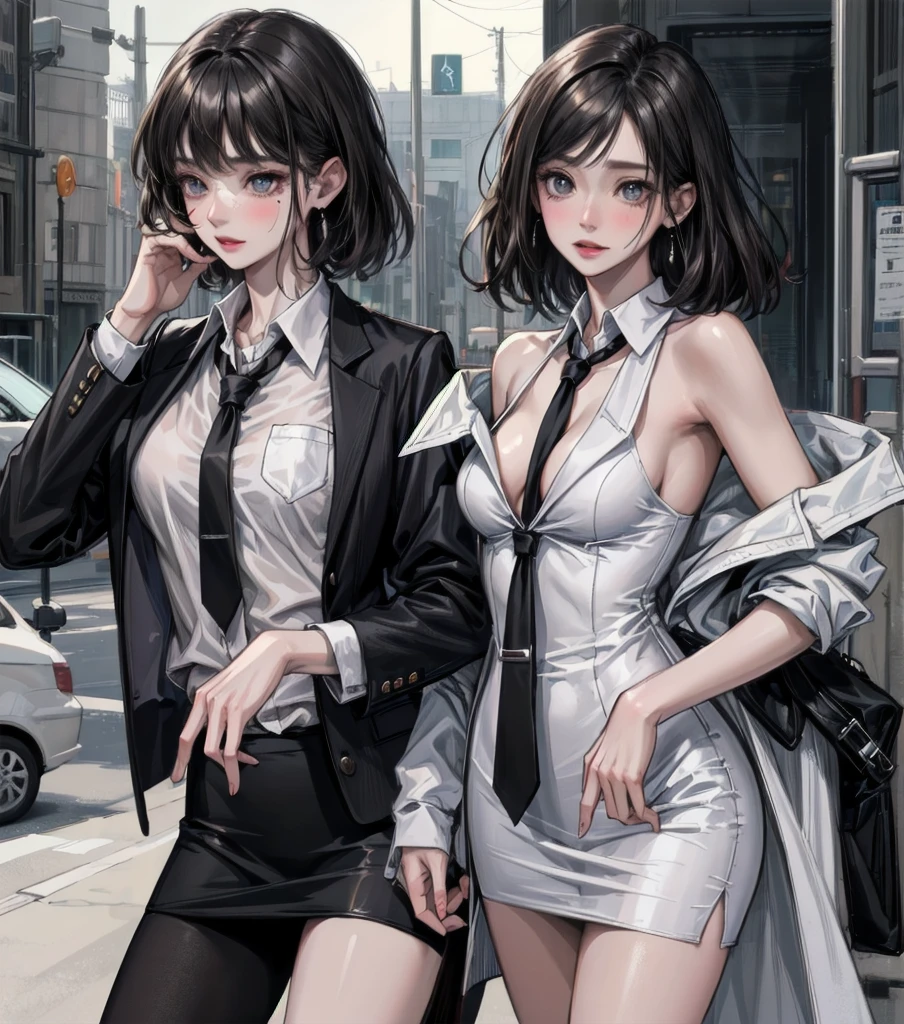 RAW photo, extremely delicate and beautiful, masterpiece, Best Quality, ultra high resolution, 16k, photorealistic, ultra detailed description, pale skin, in her 20s, whole body, medium tits, medium hair, black hair, tearful mole, earring, business suit, blazer, pencil skirt, collarbone, shirt, tie,