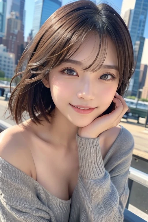 (((Face close-up)))、(((Brown, shoulder-length, straight short bob)))、(((She has the New York skyline in the background、Posing like a model at a beauty salon。.)))、(((Casual black long sleeve winter outfit)))、Half Japanese and half Korean、18-year-old girl、Independent、Look forward、Light eye makeup、Brown Hair Color、Flat 、Hair blowing in the wind、Quality of actress、Shiny, Ultra-realistic faces、Smiling face、Watery eyes、look up、Subtle lighting effects、 Ultra-Realistic Capture、Very detailed、High resolution 16K human skin closeup。Skin texture must be natural、The details must be clear enough to identify pores.、skin is healthy、Must be of uniform tone、Use natural light and color、Classic high-quality images taken by modeling agencies&#39;Exclusive photographer、smile
