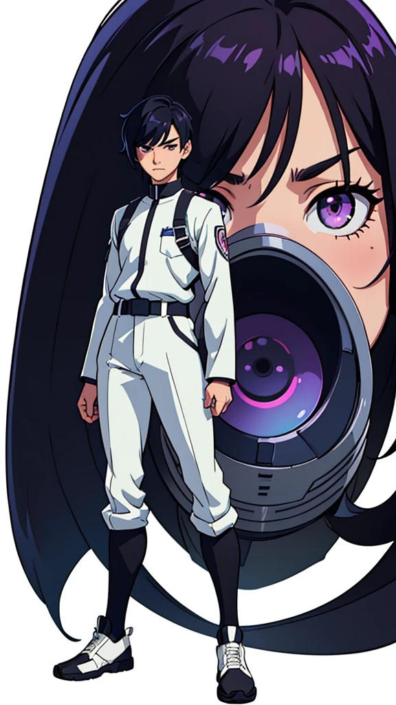 anime, anime style art, masterpiece, best quality, highres, 1 man, Baro Shoei blue lock, scool uniform, natural clothing, black hair, short hair, ager, colorful hair, light background, full body, teen, colorful parts, bold, realistic mixing dark lines and loose lines, bold lines, on paper, human man, purple eyes, full body, imposing pose, very tall, stylish outfit, dark theme, standing, male, sharp chin, wide jaw, white background, defined eyes, ultra detail eyes, very muscular ,broad shoulders, big shoulders, black white uniform, front view, standing straight, facing towards, looking straight, looking forward, full face, clean eyes, detailed eyes, hyper realistic eyes, masculine, oval face, calm, humble, man, male, masculine, full body uniform, clear face, detailed face, full body, focused on body, facing forward, looking forward at camera, looking straight