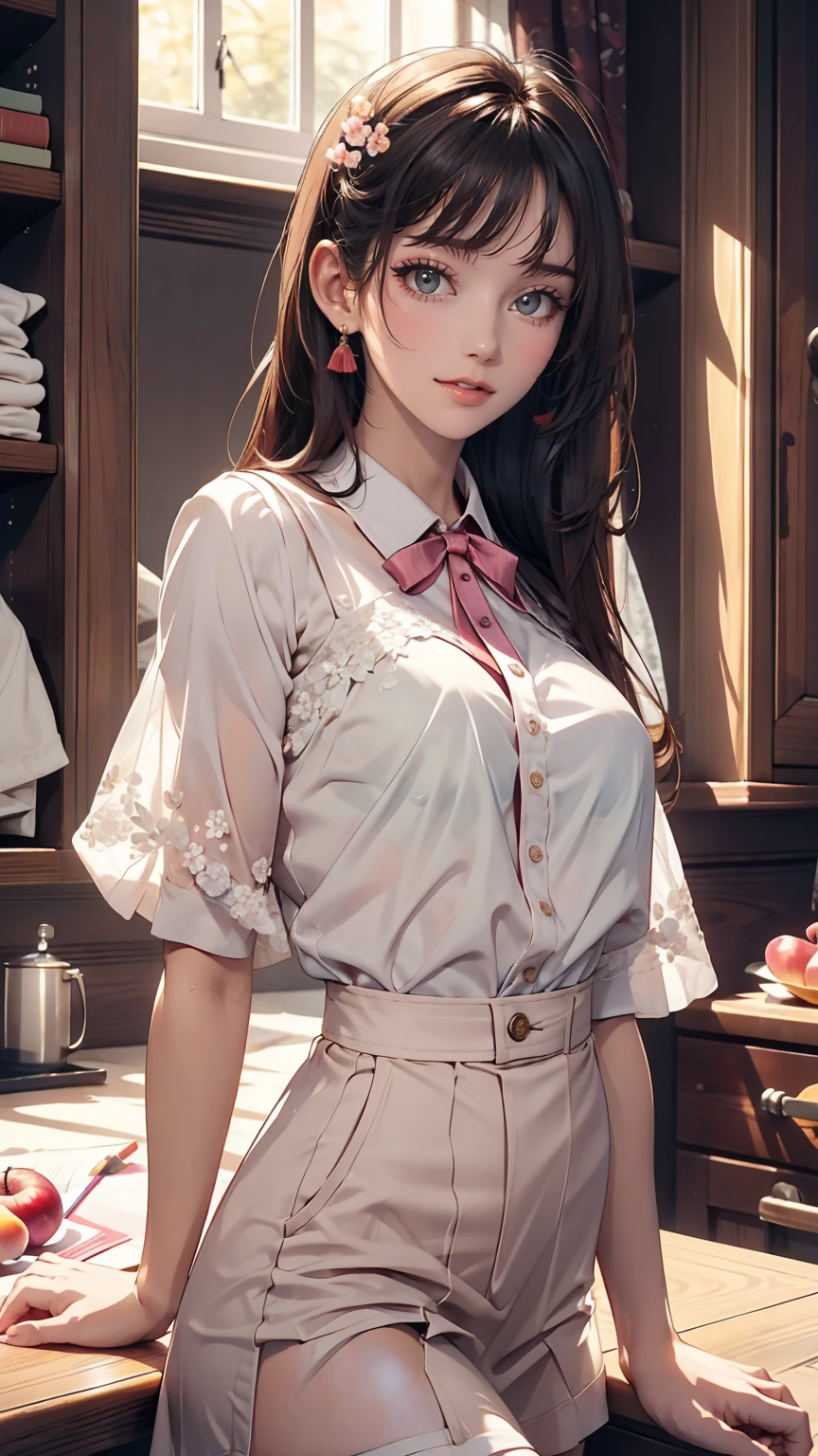 masterpiece, Highest quality,4 Girl,Young girl, plum_Pie's Eyes, brown, ChoppyBob,enviable _face,Shiny skin,Medium chest,Beautiful leg lines:1.3,Thick thighs, Narrow waist,, Knee socks,tie,((Pencil Skirt)),Red high heels, pantyhose, , trail_Lined_and_開flower_cherry_flower_wood,,View your viewers,From below,whole body, Legs Up Sex,笑face、Sexy proportions、Sexy