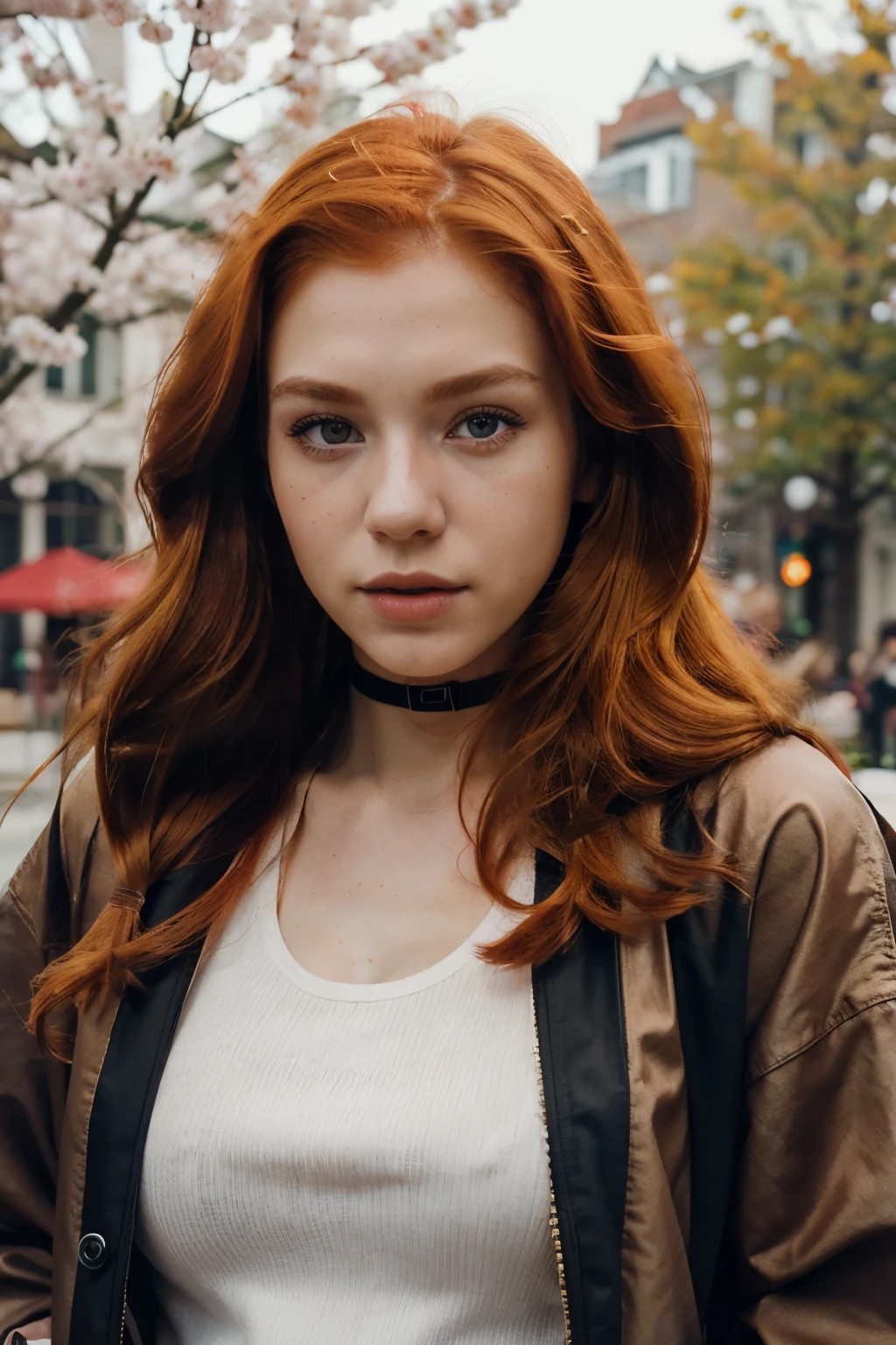 raw photo, (18yo ginger hair girl:1.2), makeup, babyface, red hair color, graphic eyeliner, rouge, (choker:0.7), realistic skin texture, oversize jacket, (red:0.8), sakura park, softcore, warm lighting, cosy atmosphere, instagram style, outdoor, (spring:1.1)
