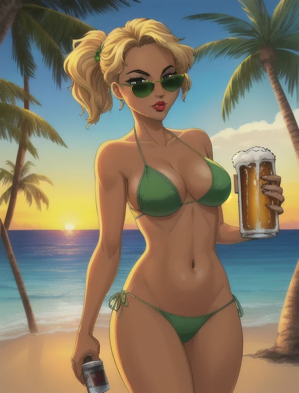 (best quality:1.3), (4K quality),masterpiece, best quality, high res, detailed, (Detailed face:1.2), (Detailed eyes:1.2), (Hourglass figure:1.2), CARTOON, ANIME, CARTOON ARTSTYLE, 1girl, solo, 36-years-old, tan olive skin, short blonde hair, pony tail style, emerald eyes, eyeshadow, mascara, red lipstick, puckered lips, ((Wearing a flossing green bikini and sunglasses)), walking, ((holding a beer can in one hand)), beautiful beaches, palm trees, beach resort, beach vacation, summer getaway, relaxed atmosphere, cinematic lighting, sunset, detailed background,