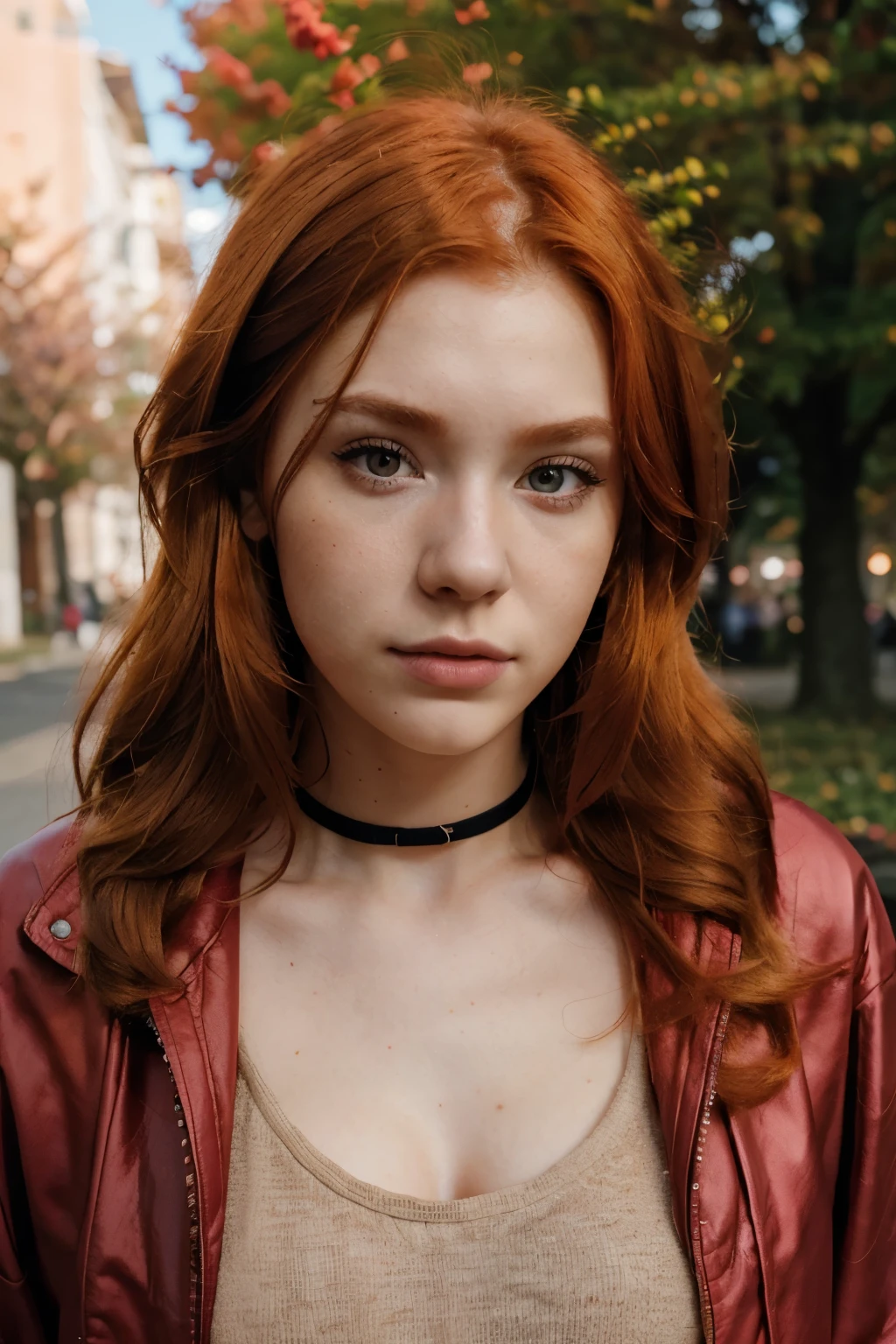 raw photo, (18yo ginger hair girl:1.2), makeup, babyface, red hair color, graphic eyeliner, rouge, (choker:0.7), realistic skin texture, oversize jacket, (red:0.8), sakura park, softcore, warm lighting, cosy atmosphere, instagram style, outdoor, (spring:1.1)