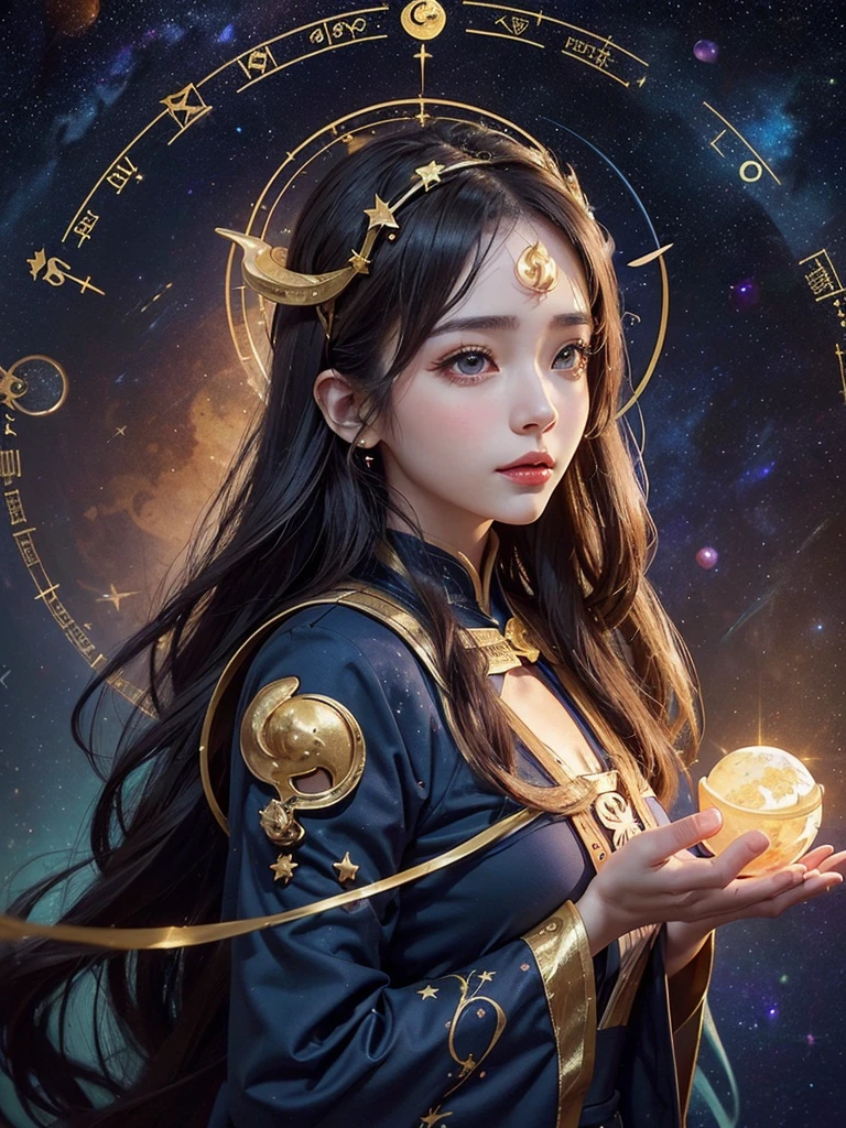 One Zodiac Goddess from the Future, Zodiac goddess wearing ao dai to hide her chest, The Zodiac Goddess wears a bright yellow gold vest, 女神は明るいピンク紫色のconstellationのオーラを放っている, 星は12constellationの形をしています, Zodiac goddess wearing a golden zodiac ao dai with many black details, 未来から来た12constellationの神話の女神, constellation ♏, Zodiac Style, Dark and mysterious version, ample boobs, Red lips are well-balanced and very beautiful, Characters by Karol Baque and Pino Daeni, Intricate details, Detailed Background, Many objects in the background, Very detailed, Magic lighting, woman, A clearly drawn face, Beautiful face and symmetrical eyes, Big round eyes and very beautiful and detailed makeup, distant focus, Silk clothing, Mysterious decoration, Upper body portrait, Arms loosen, Realistic and vivid photos, (The stars that make up the zodiac: 1.7), (Zodiac sky background and fantasy portal of space and time: 1.8 ), Fiction Art, RAW images, style fantasy hanfu, Long sleeves that cover both hands, Two outstretched arms,