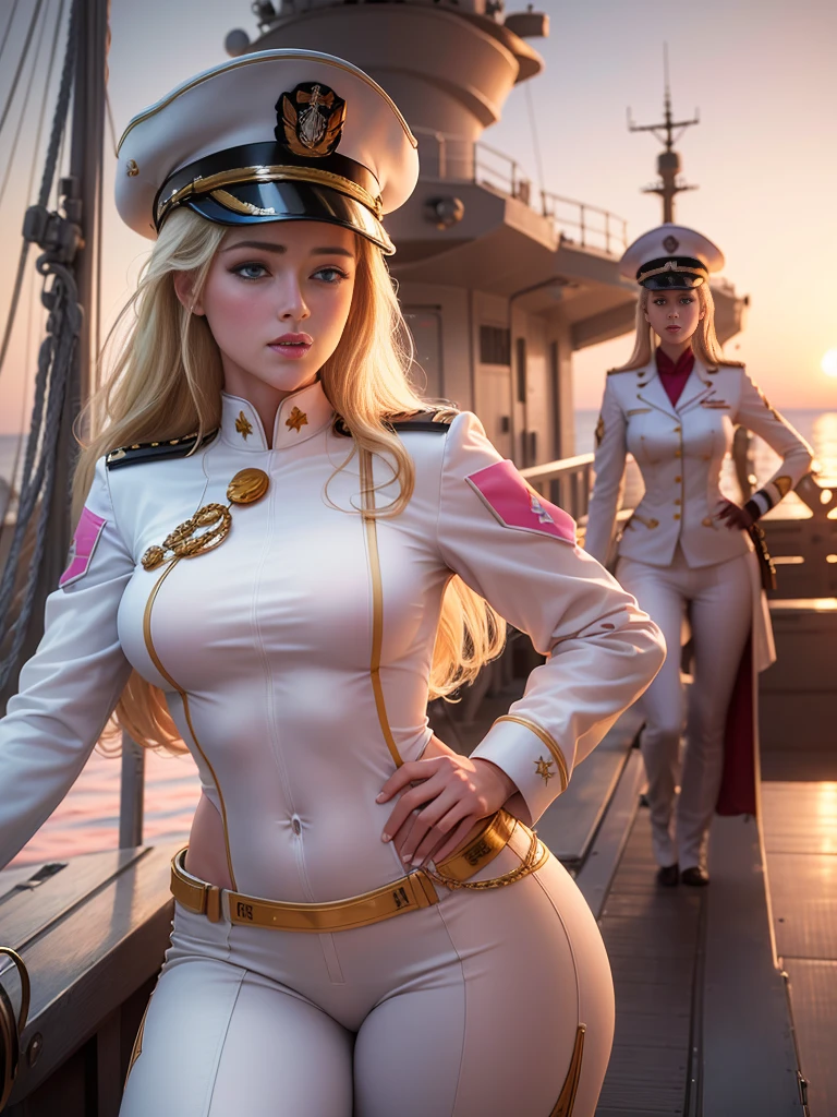 (8K,photorealistic　raw photography　premium;1.4) 　(AMBER HEARD)　super beauty　(realistic face)　Blonde woman in white uniform posing on a warship,　Woman in PINK military uniform　White military uniform pants.　naval officer　Beautiful expression　Real looking skin　super high resolution　Precision details　warship deck　sunset