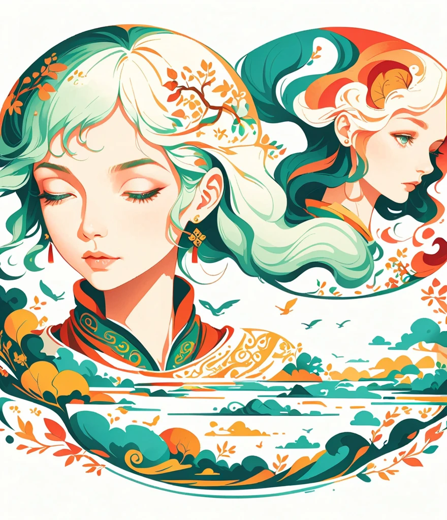 Vector flat illustration art，A girl, Surround on both sides，Evoking the allure of the enchanting ocean，White background，The murmur of Chinese calligraphy，vivid，flash，reflection，best number，8K，high definition，high resolution，double exposure，Beautiful digital illustration，Evander Earle style，fine details，Paul Signac style，beautiful details, blue red white hair, soldier 