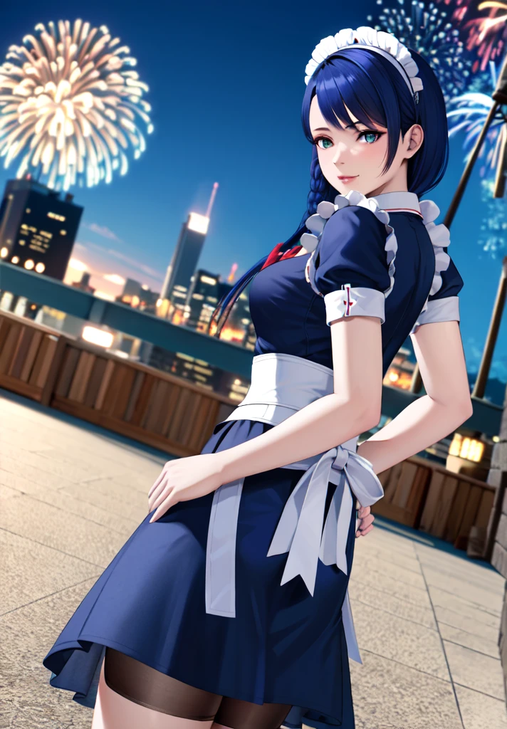 lobelia, 1girl, maid outfit, look at the view, Balconies, fireworks, high quality, masterpiece