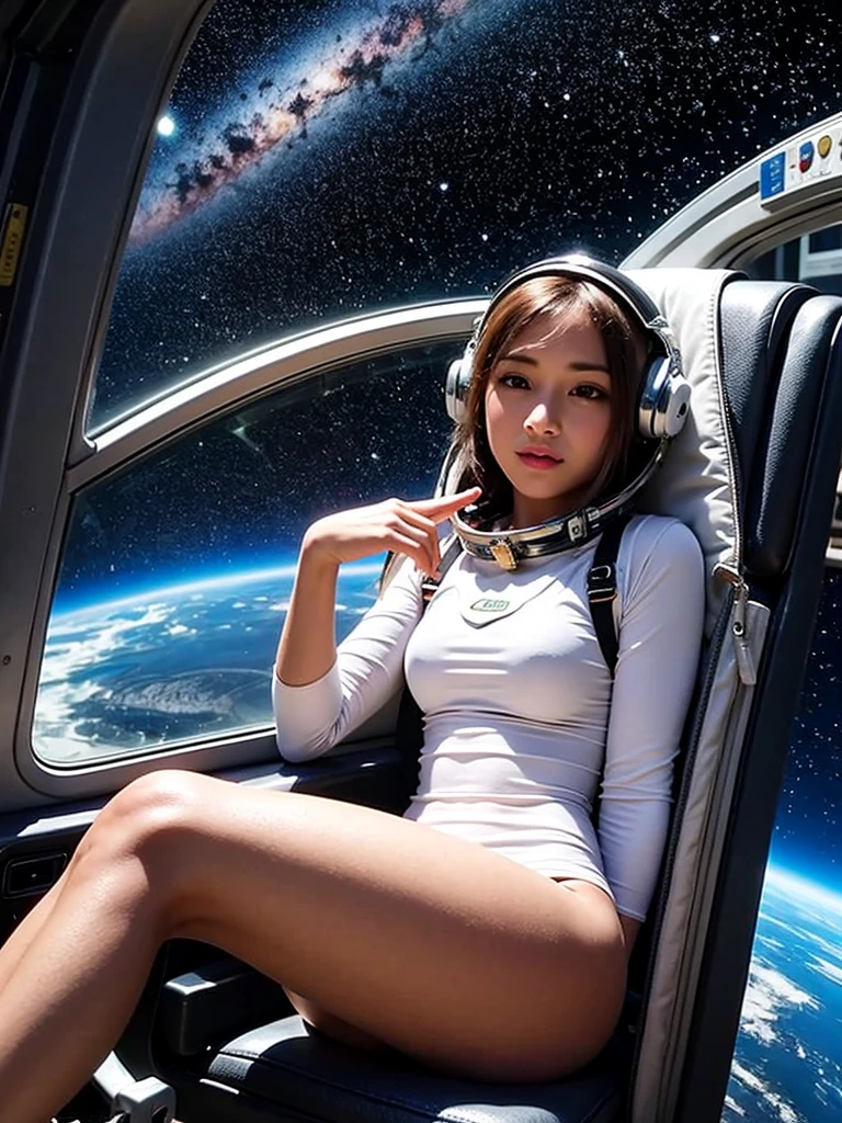 (smile)、(((Staring at the audience)))、((Spaceman in space suit sitting in spaceship cockpit)),wear spacesuits, 白いDressed in an astronaut costume, Cute girl in a tank top, girl in space, In space, (((Dressed in an astronaut costume))), woman astronaut, ((Sit on a chair and spread your legs))、((Sexy young woman's body:1.4))、(Spread your legs wide)、
