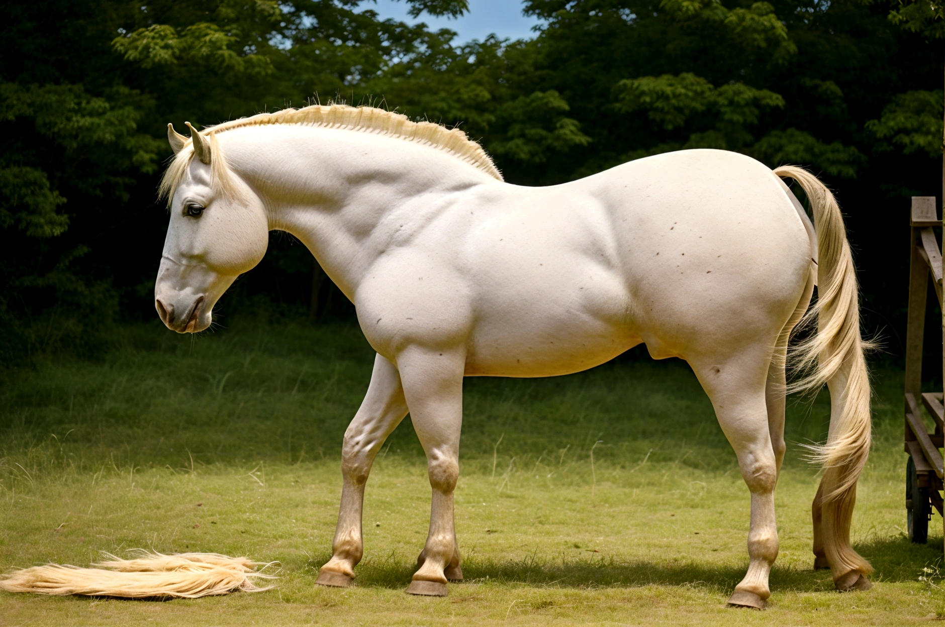 complete side view of horse. a big Belgian draft horse mare with very big bum. horse pulling open wagon. nude BBW African woman riding horse. dung pile under horse bum. raised tail. grass grass field. clear blue sky.